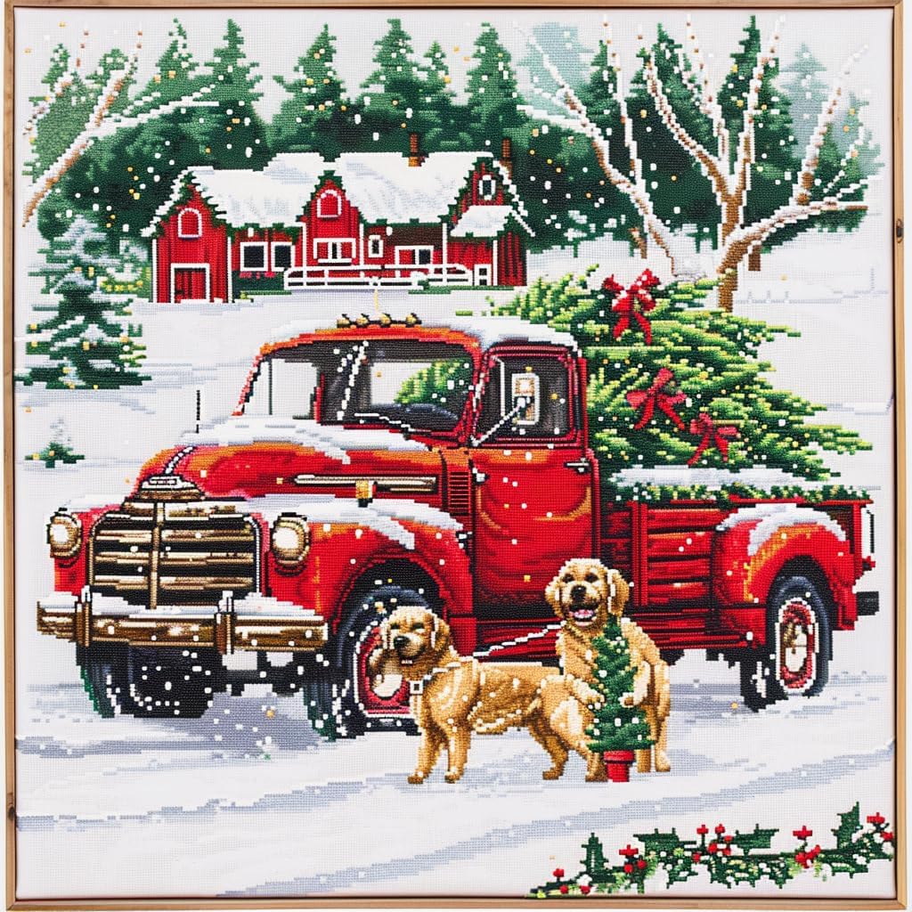 Red Truck with Christmas Tree Golden Retrievers DIY 11CT Stamped Cross Stitch Kits for Beginners Easy Needlepoint