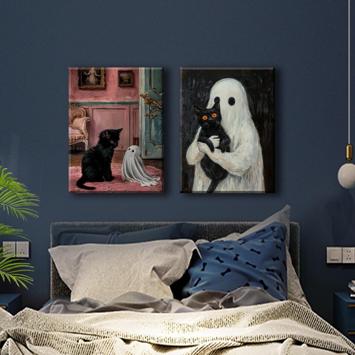 Set of 2 Framed Ghost and Black Cat Wall Art - 12x16 Inch