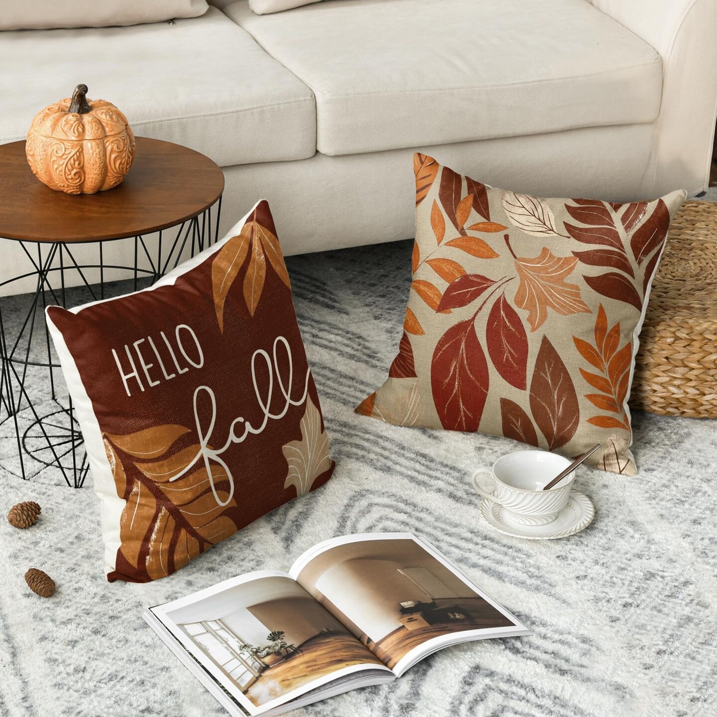 Hello Fall Pumpkin Leaves Pillow Covers
