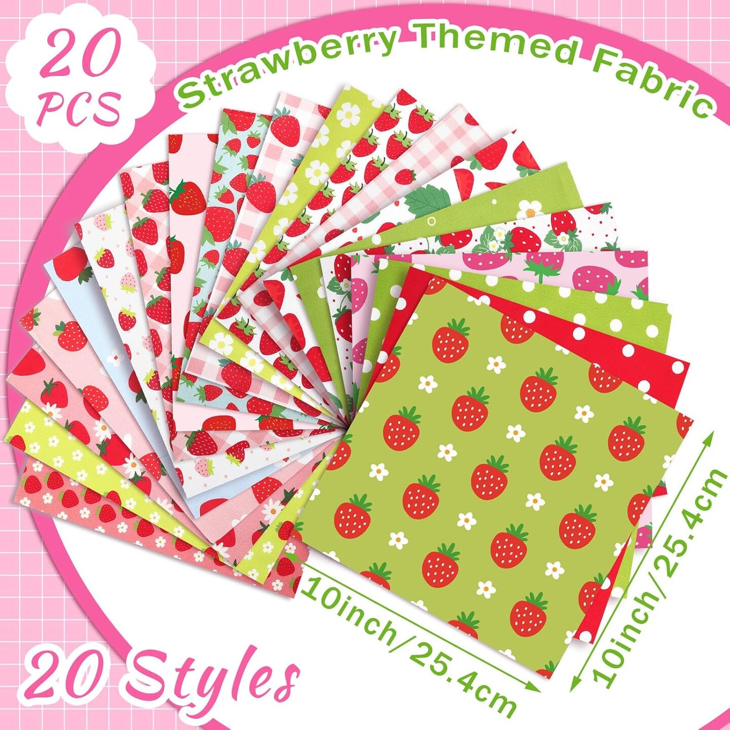 20 Pcs 10&#x27;&#x27;x10&#x27;&#x27; Quilting Fabric Square Summer Strawberry Quiltted Fabric