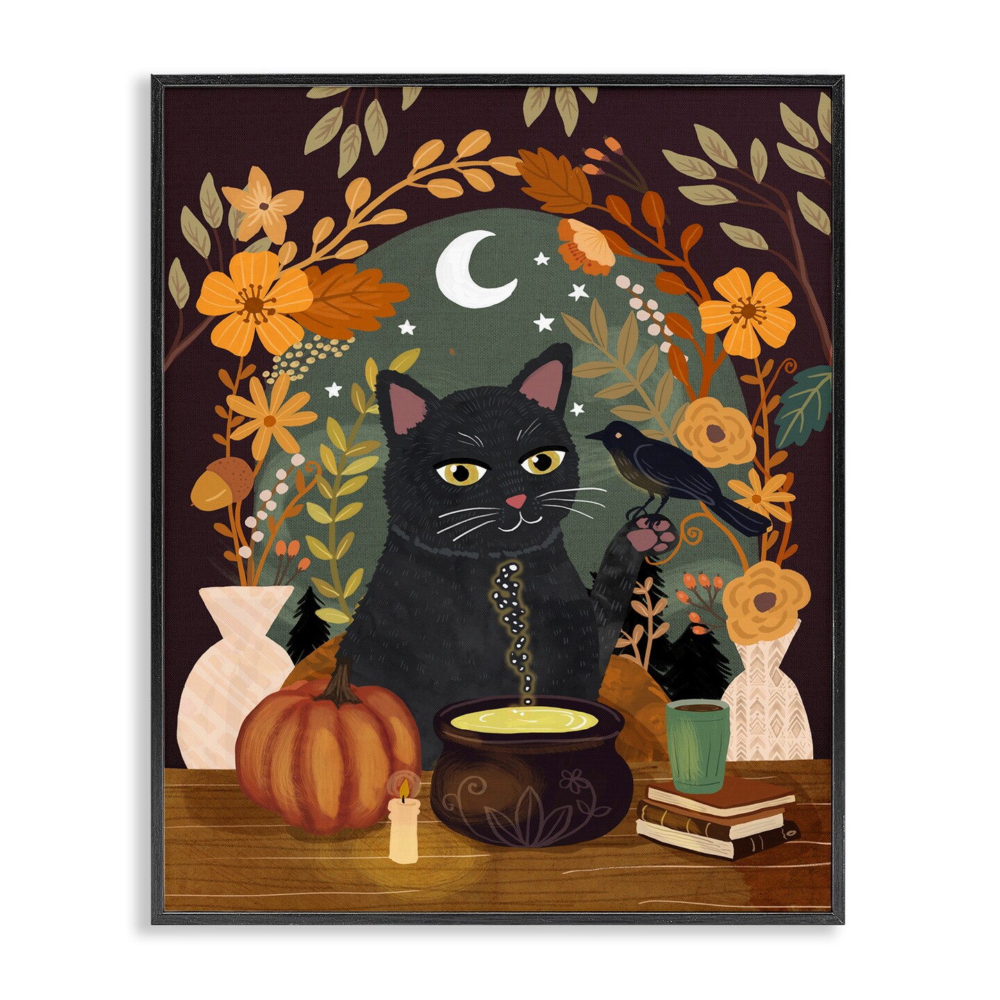 Autumnal Cat &#x26; Cauldron Framed Giclee Art