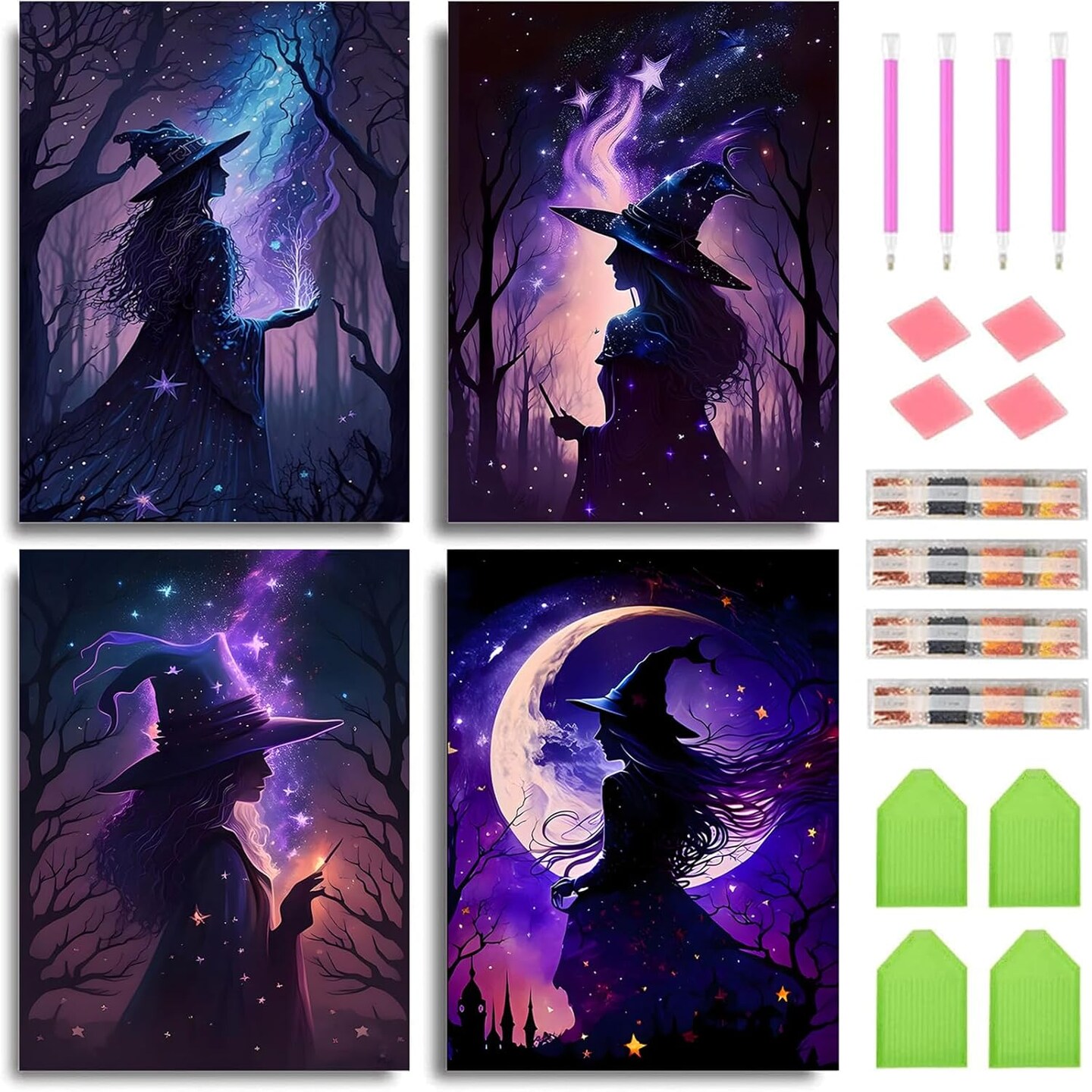 Witch Diamond Painting Kits for Adults – 4 Pack Retro Halloween Diamond Art DIY Full Drill Diamond Painting Crafts for Home Decor (30x40cm / 12x16in)