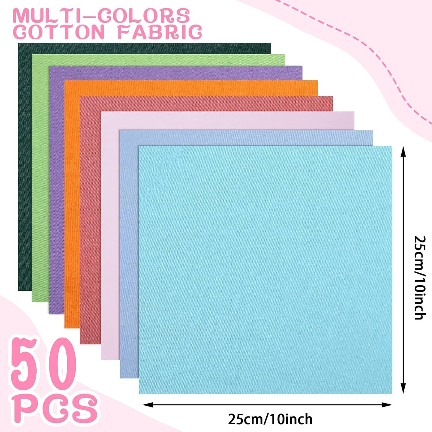 50 Pcs 10 x 10 Inch Cotton Fabric Bundle Square Multicolor Fabric