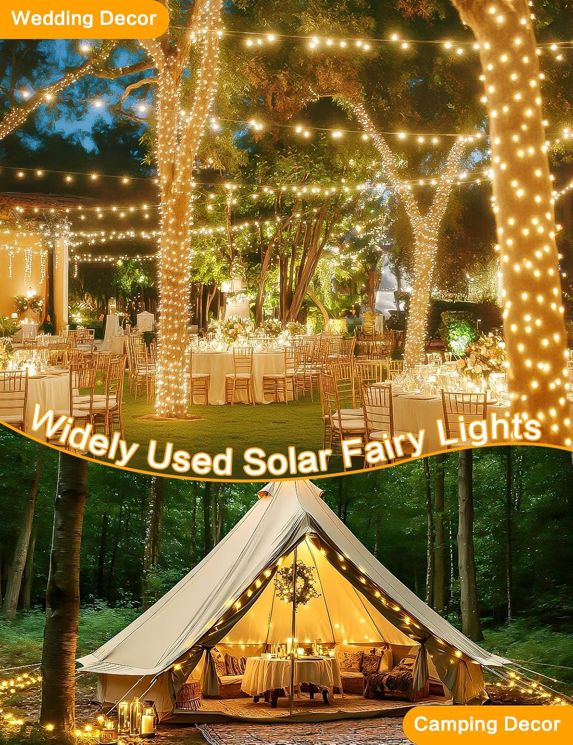 2Pack 80FT Solar String Lights Outdoor, 200 LED Solar Fairy Lights with Copper Wire, Waterproof, 8 Modes, Memory Function, Solar Twinkle Lights for Garden, Tree, Patio, Wedding, Christmas (Warm White)