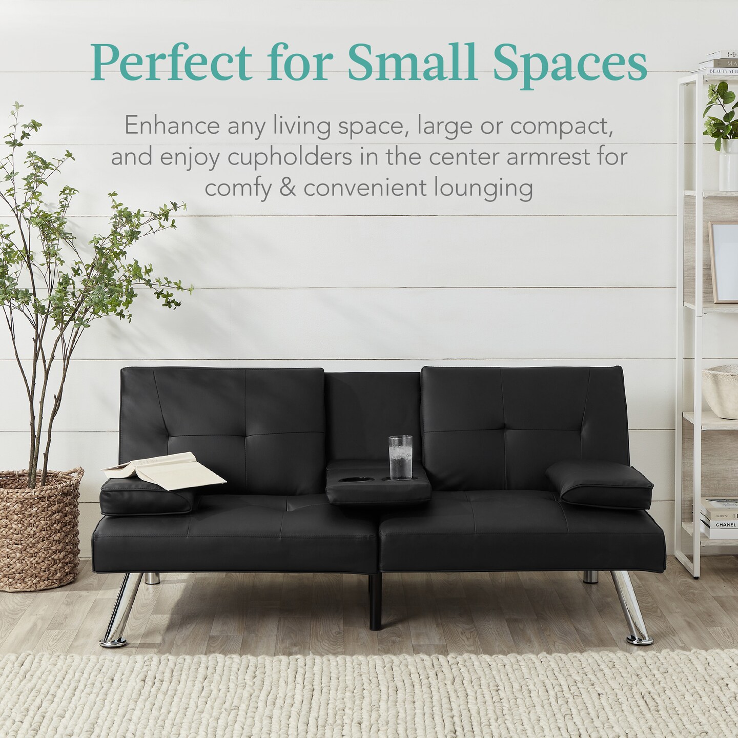 Best Choice Products Modern Faux Leather Convertible Futon Sofa w/ Removable Armrests, 2 Cupholders