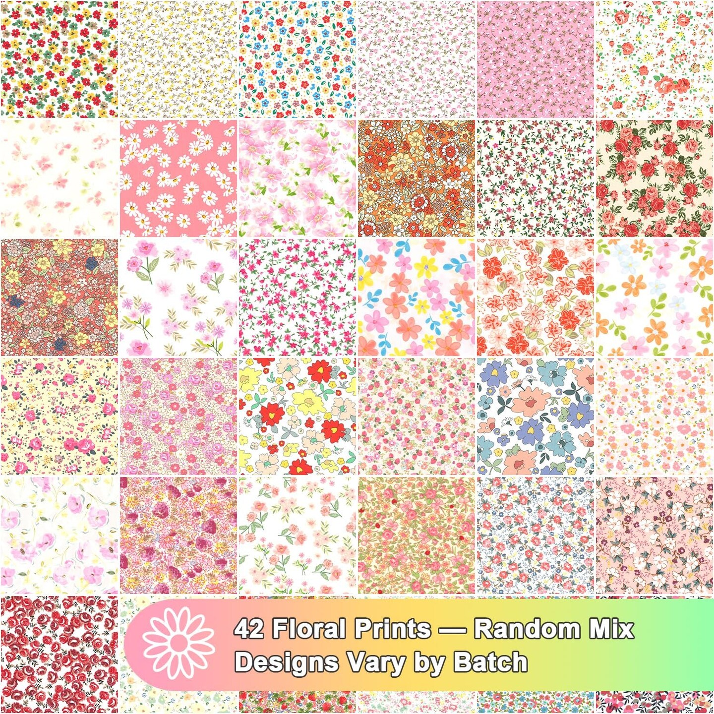 42 Pieces 10″ Pre-Cut Floral Prints Cotton Fabric Squares — Layer Cake Quilting Fabric