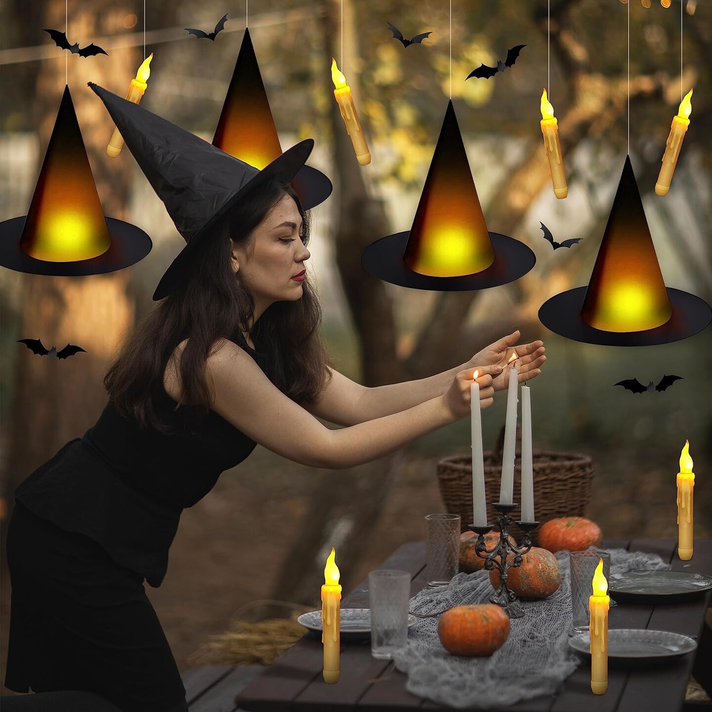 Black Light-Up Witch Hats with Flameless Candles&#x26; 3D Bat Wall Stickers &#x2013; Halloween Decor
