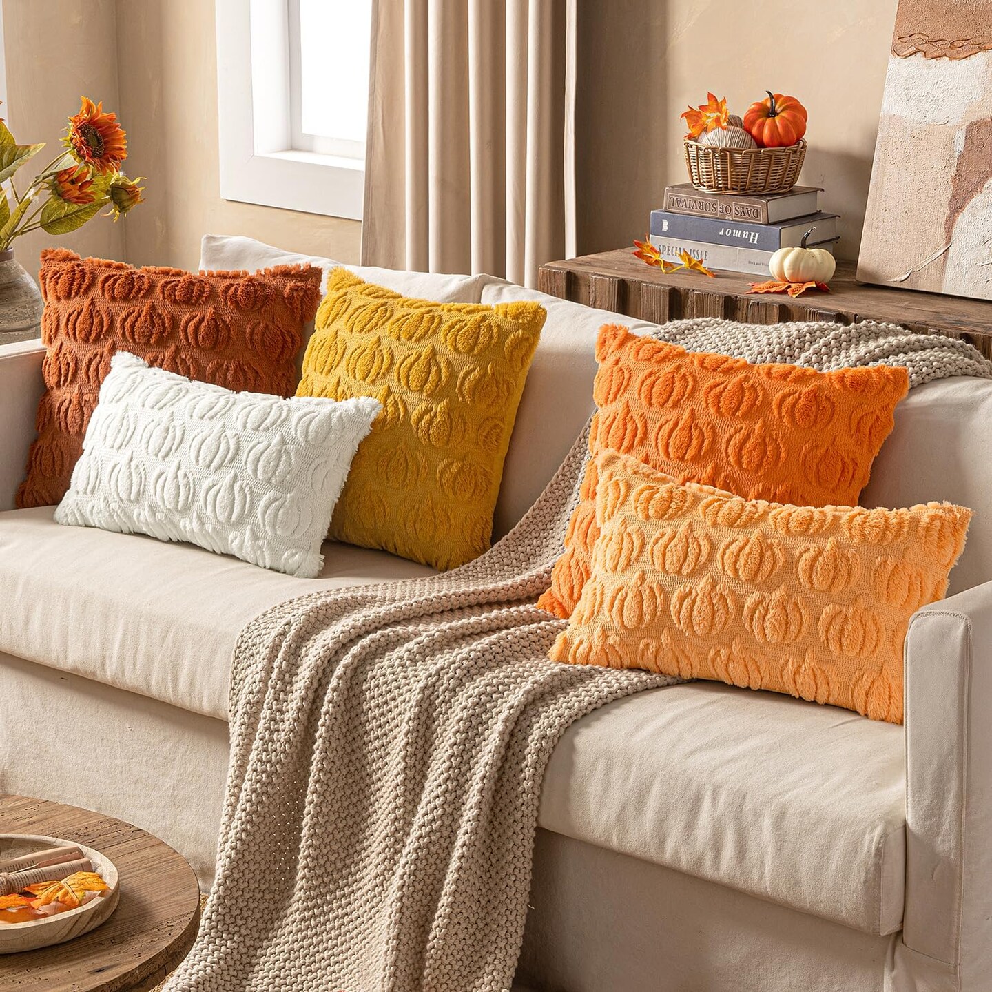 Fall Decorative Pillow Covers 18x18 in – Set of 2 Orange Pumpkin Faux Fur Pillows for Halloween, Thanksgiving, Autumn Harvest, Couch, Sofa, Porch, Bedroom, Living Room