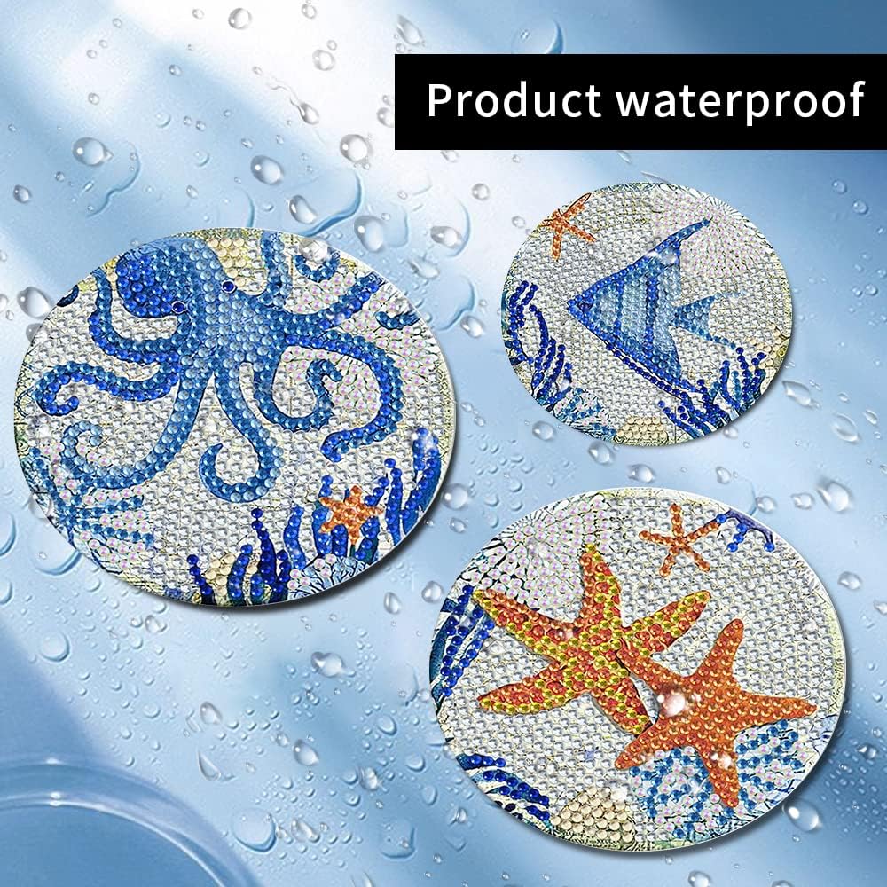 8 Pcs DIY Ocean Art Painting Coasters Set with Holder, Marine Life Designs