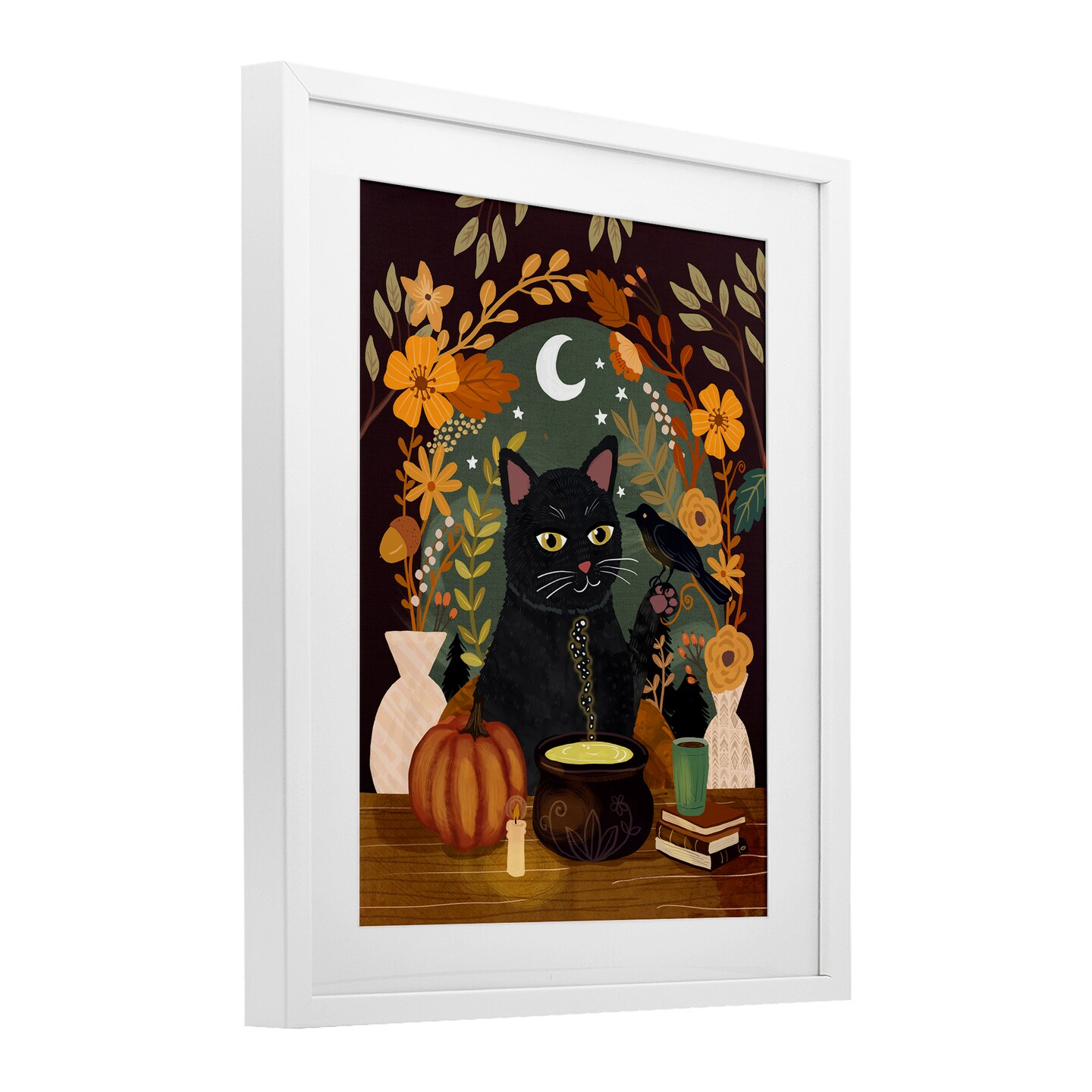 Autumnal Cat &#x26; Cauldron Framed Print Under Glass Art
