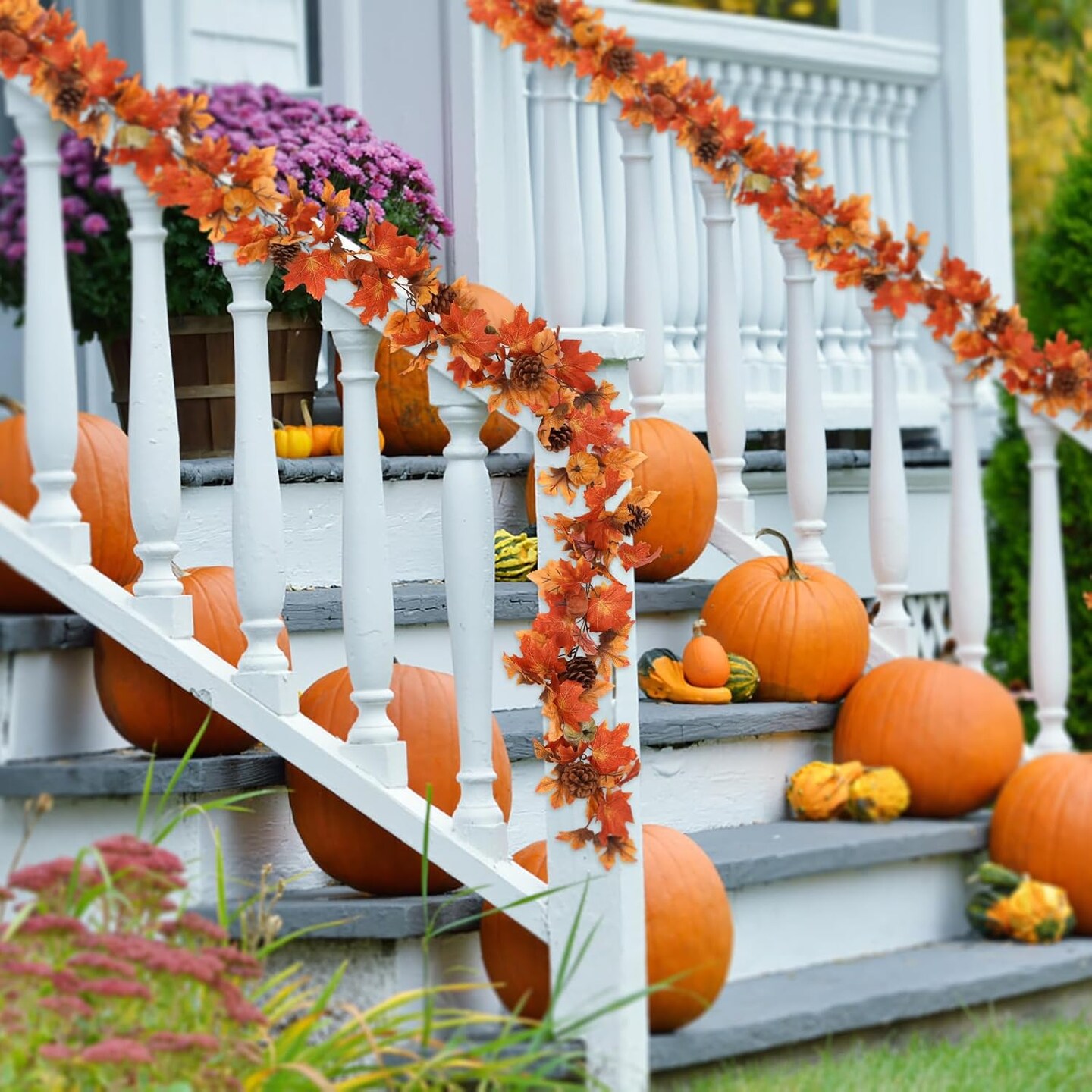 6FT Fall Garland, Fall Maple Leaf Garland Decor with Velvet Pumpkin