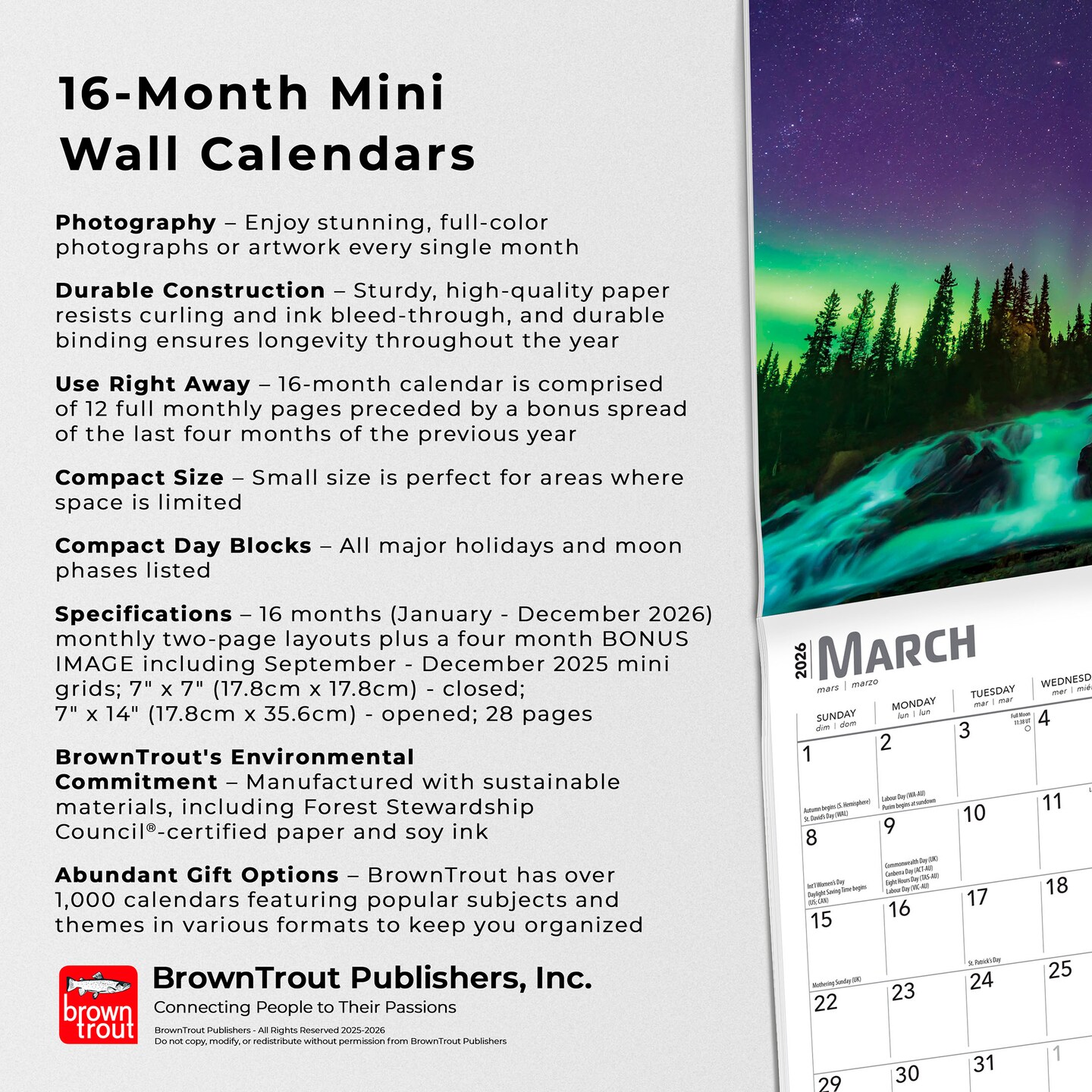 Aurora Borealis | 2026 7 x 14 Inch (Hanging) Monthly Mini Wall Calendar | English/French Bilingual