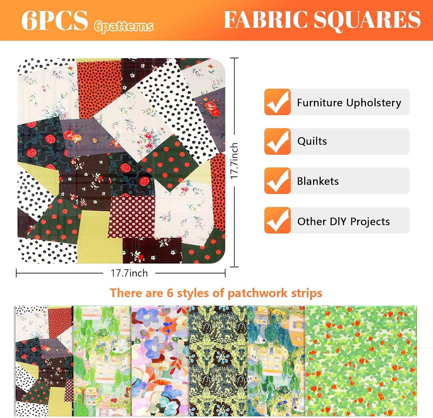 6PCS Cotton Fabric Squares - Pre-Cut Quilt Squares & Sewing Fabric