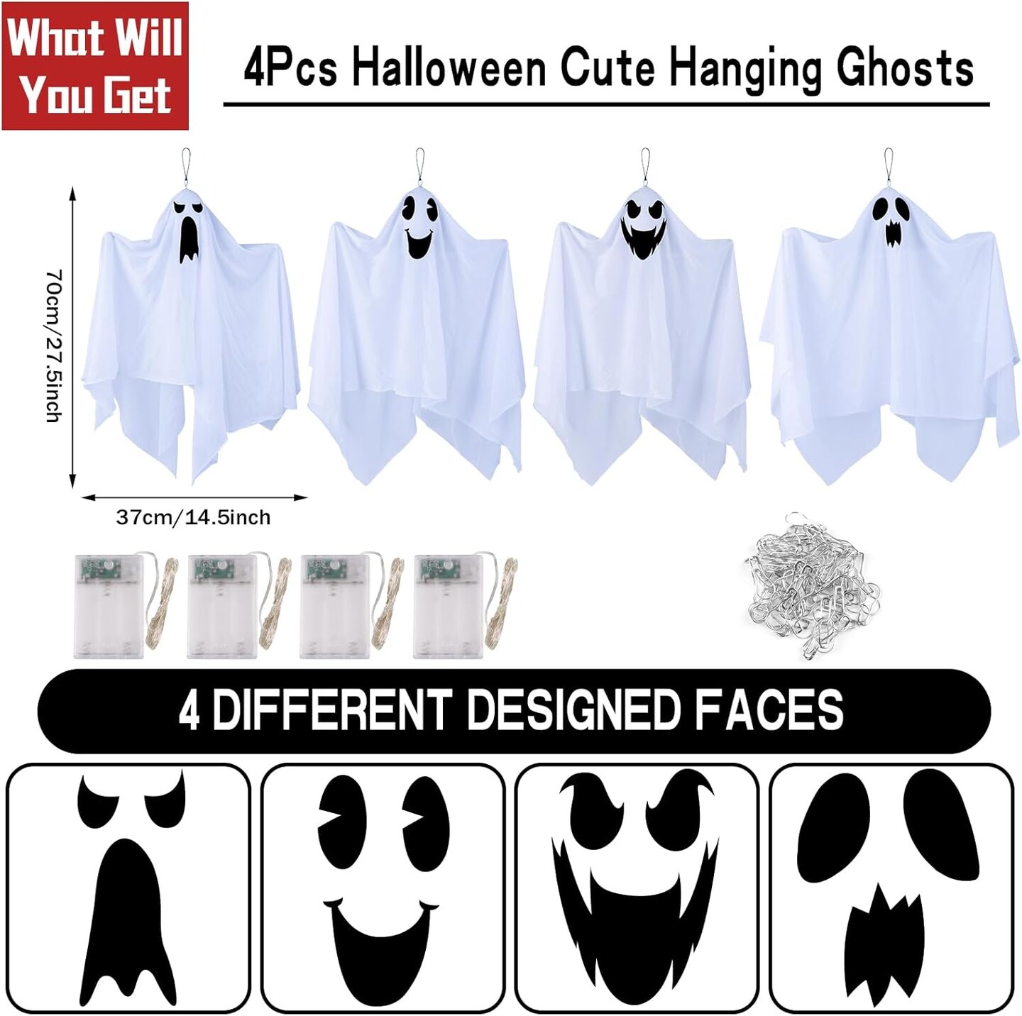 4 Pack Halloween Hanging Ghosts with Blue Lights - 27.5&#x22;