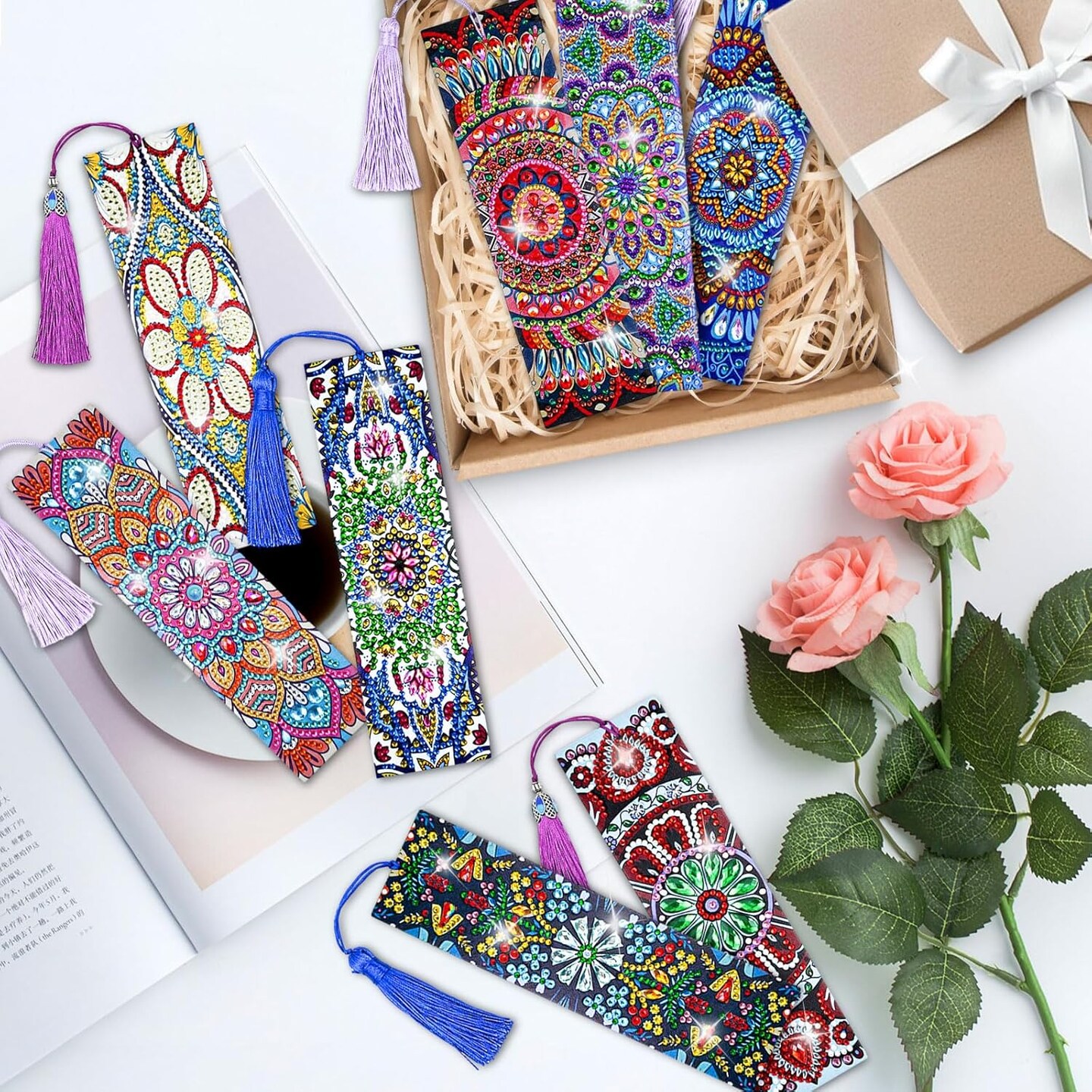 8PCS Diamond Painting Bookmarks – Mandala Leather DIY Kits for Adults & Beginners, Small Diamond Art Bookmarks, Craft Gift for Girls & Book Lovers