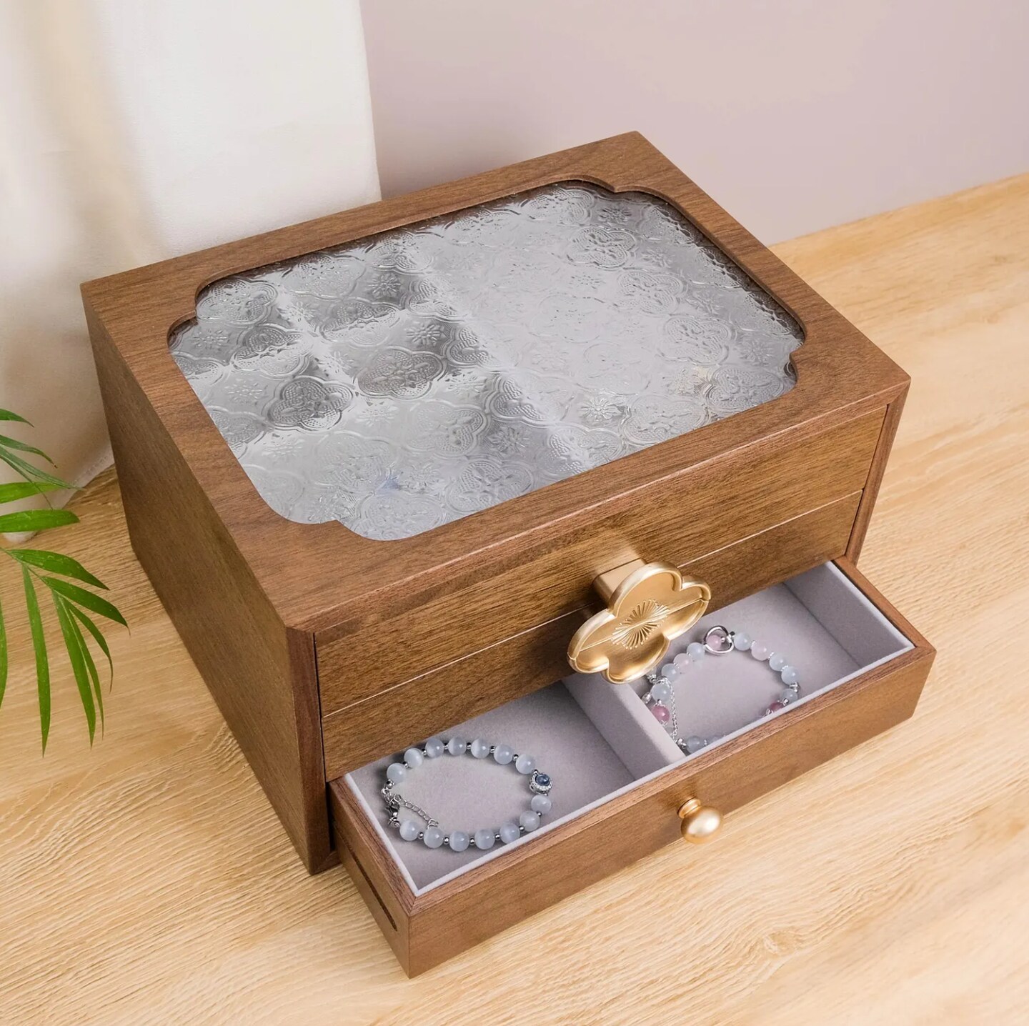 Begonia Flower Glass Walnut Jewelry Box, Custom Wooden Multi