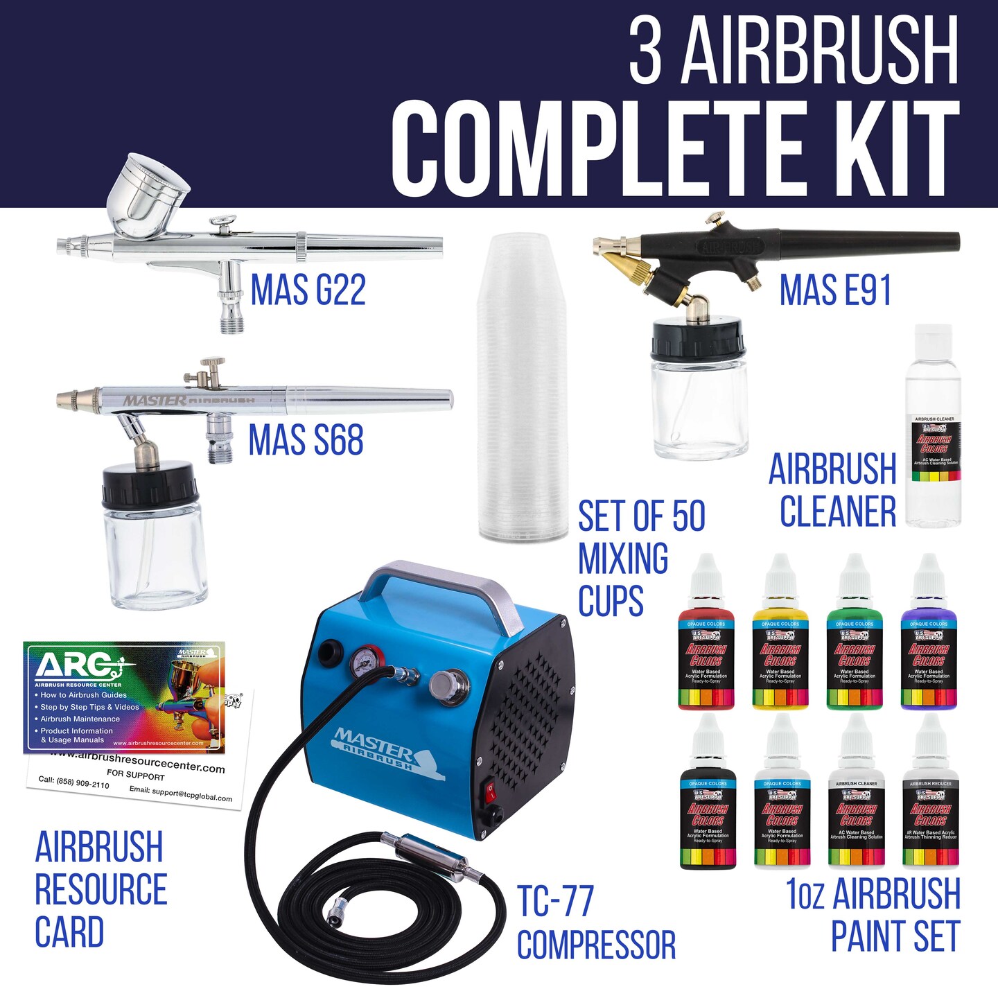 Professional 3 Airbrush Kit with High Performance Compact Airbrush Compressor, Air Hose, 6 Color Airbrush Paint Set with Cleaner &#x26; Paint Reducer
