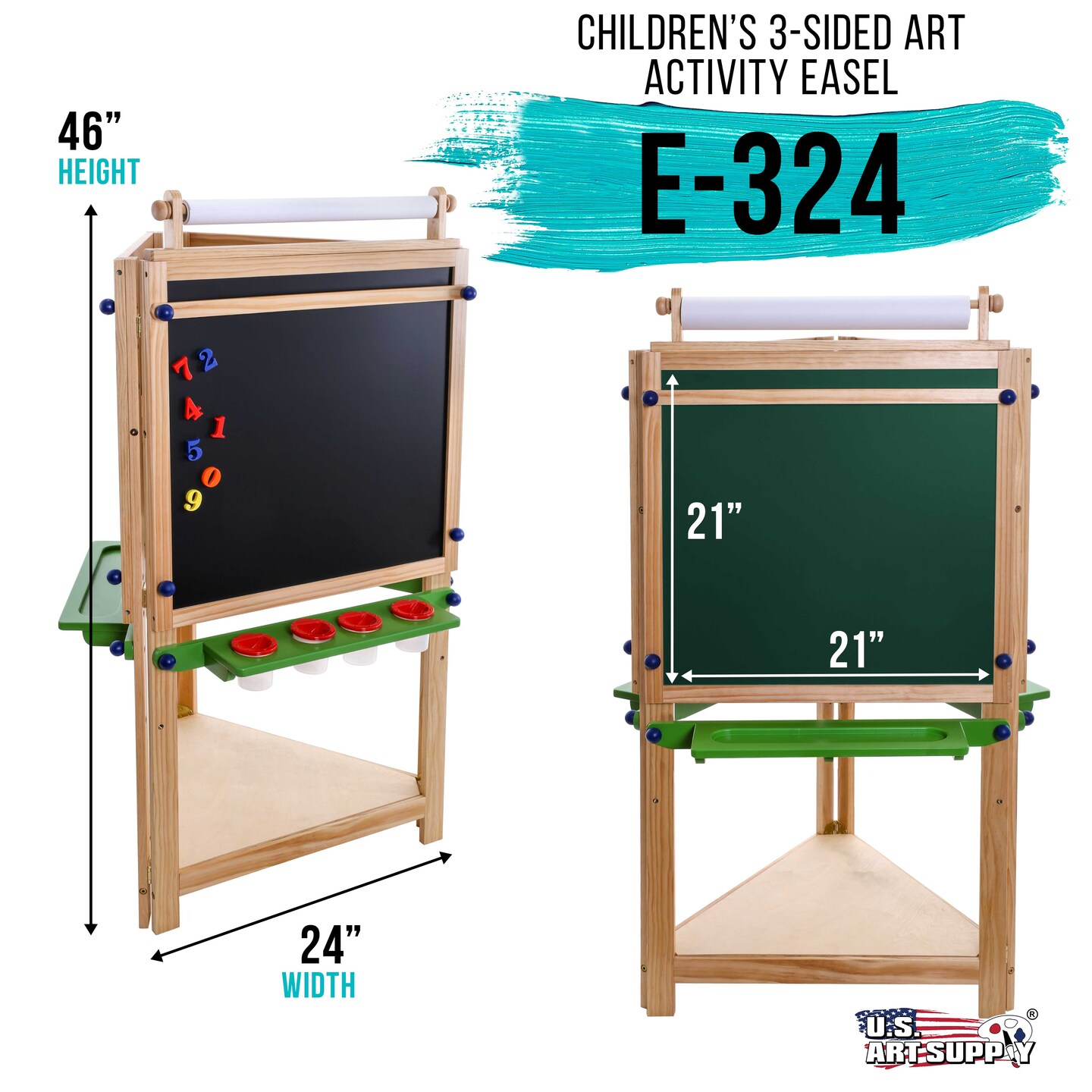 Children&#x27;s 3-Sided Art Activity Easel with 3 Magnetic Stations, Chalkboard, Blackboard, Dry Erase White Board, Paper Roll, Paint Cups Shelf - Painting