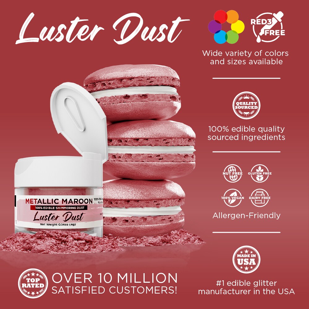 Bakell - Metallic Maroon Luster Dust (4g, 1x Jar) Edible Vegan Dust &#x26; Paint for Baking, Desserts and Beverages