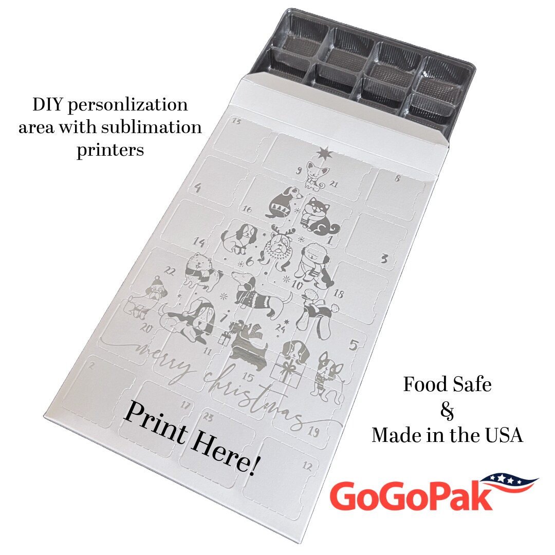 Made in USA - 10 Sets - Empty Advent Calendar Boxes/Trays - Silver Metallic Dog Tree Design - Food Safe - DIY Sublimation Personalization