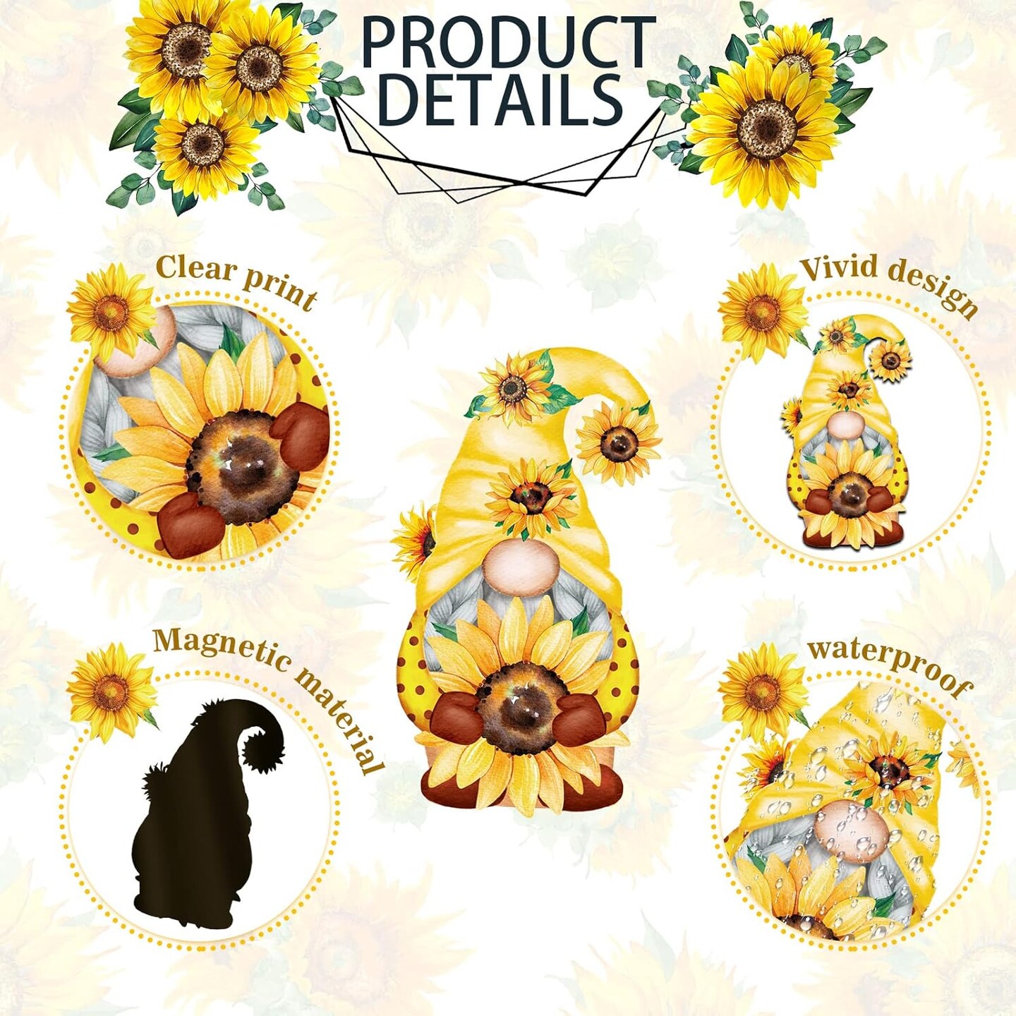 27 Pcs Sunflower Gnome Refrigerator Magnets Cruise Door Magnets Summer Car Magnetic Stickers Summer Fridge Garage Decals Sunflower Party Decorations for Fall Autumn Home Office Decor