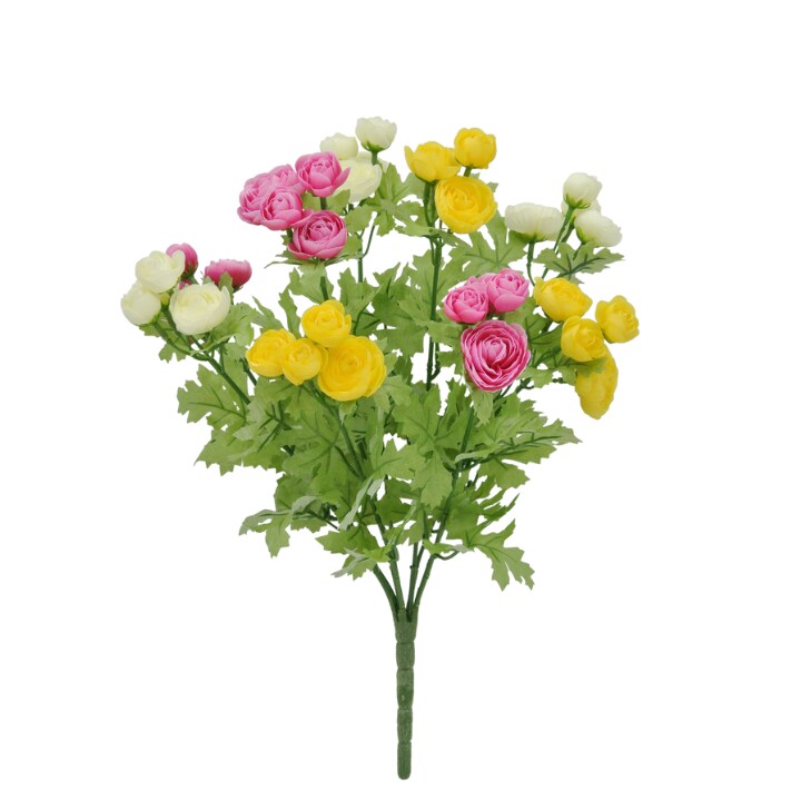 16&#x22; Artificial Mini Ranunculus Bush &#x2013; Realistic Faux Flowers in Pink, Yellow &#x26; White for Home D&#xE9;cor &#x26; Floral Arrangements-84055-CRYELFU