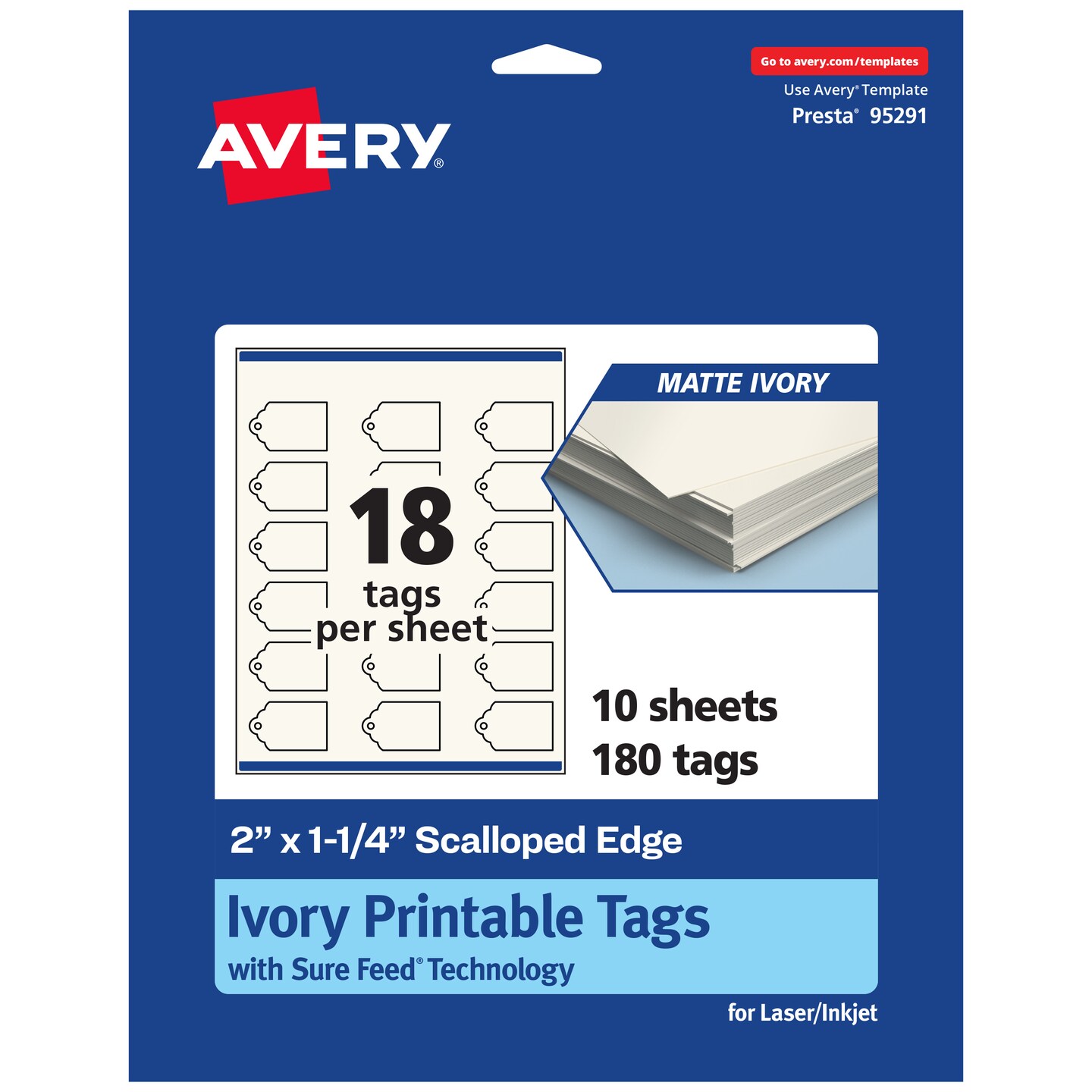 2&#x22; x 1-1/4&#x22; Rectangle Scalloped Edge, Matte Ivory Printable Tags