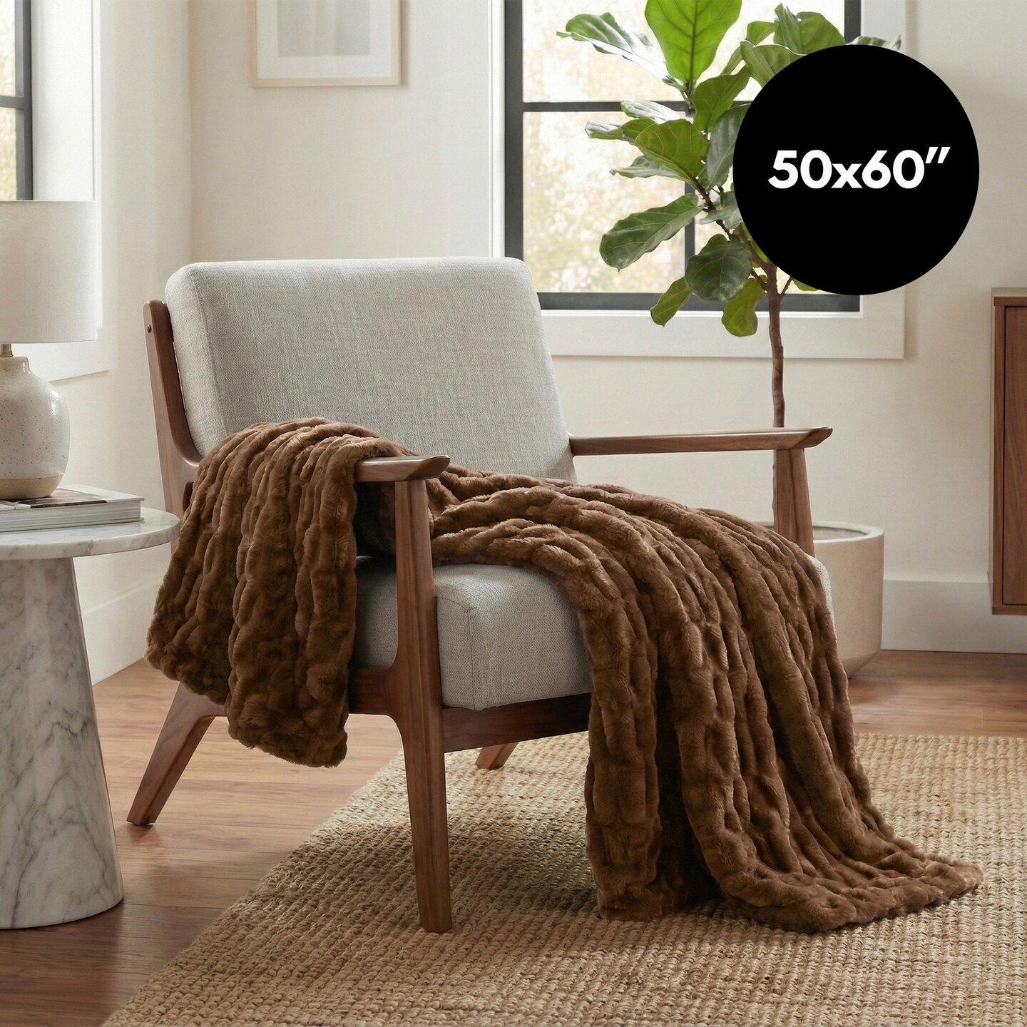 Faux Fur Throw Blanket - 50x60 Inch Luxury Rouched Design - Soft Plush Blanket for Couch, Sofa, and Bed - Premium Warm Cozy Home Decor - Brown