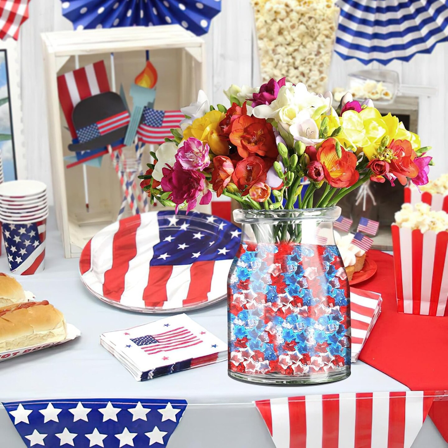 240 Pcs Patriotic Vase Filler Ice Rocks Acrylic 4th of July Star Crystals Gems Memorial Day Independence Day 3D Star Shaped Gems Decorations for Table Scatter, Party Wedding Arts Crafts