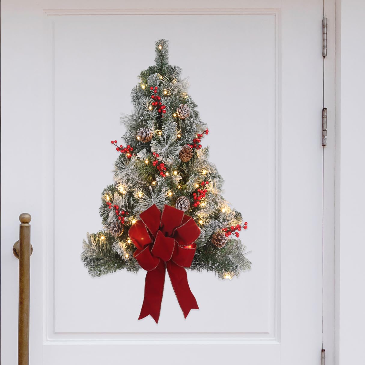 Haute Decor 28 Inch Flocked Pre-lit Christmas Wall Tree and Front Door Decor with 50 Soft White LED Lights and Built-in Timer