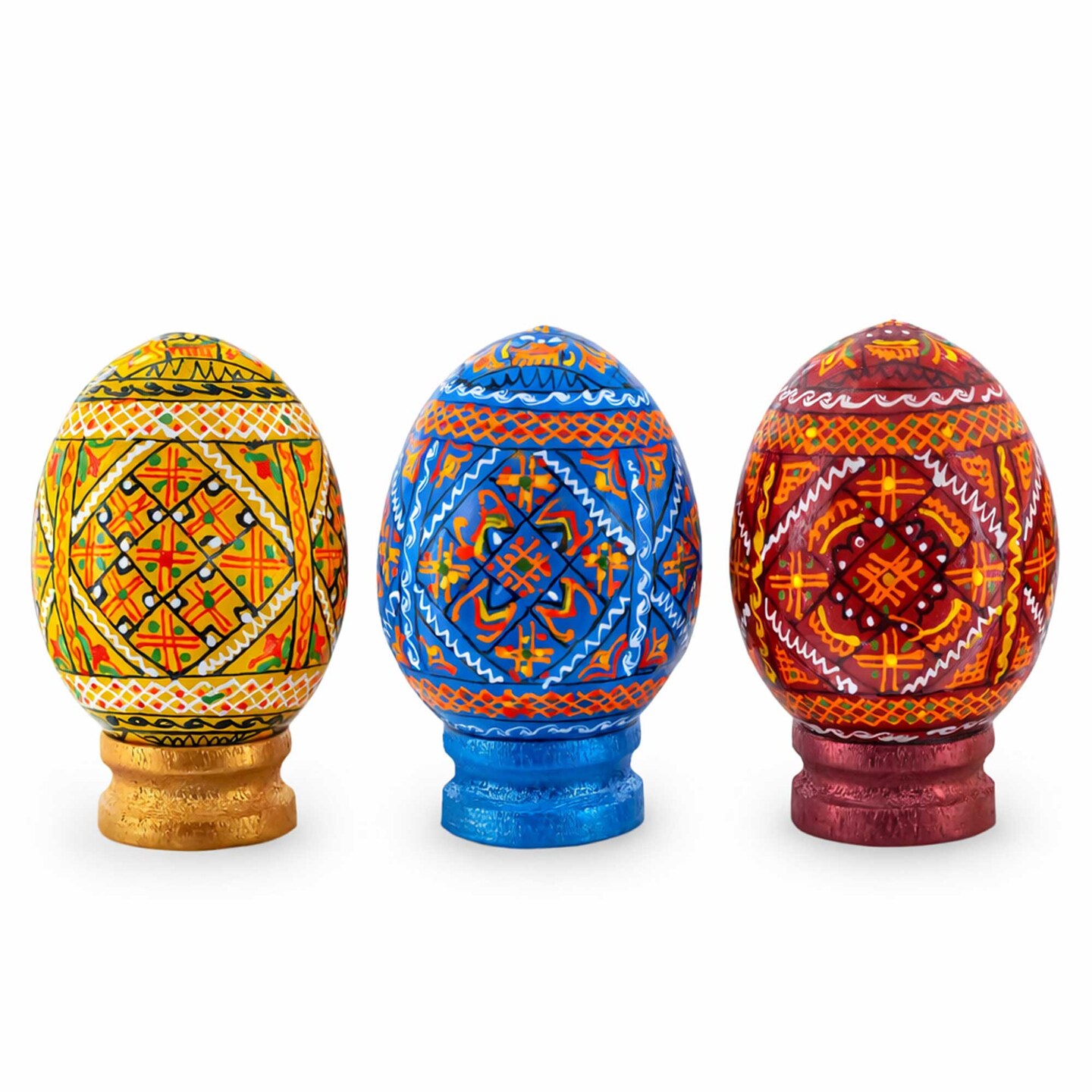 Set of 3 Colorful Geometric Ukrainian Pysanky Wooden Easter Eggs with Stands