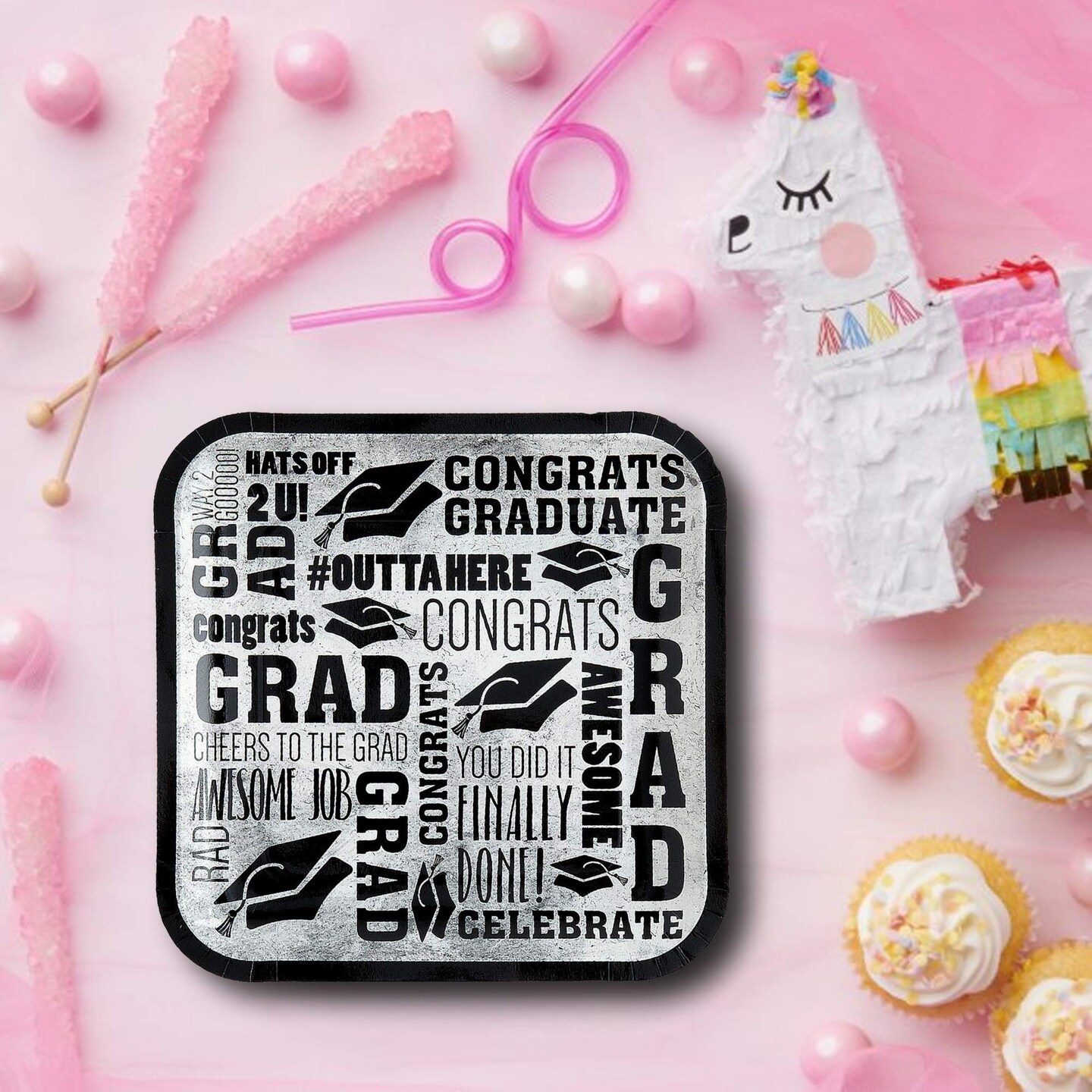 8 Ct. Grad Messages Graduation Party Square Dinner Plates 9" Durable Disposable Tableware