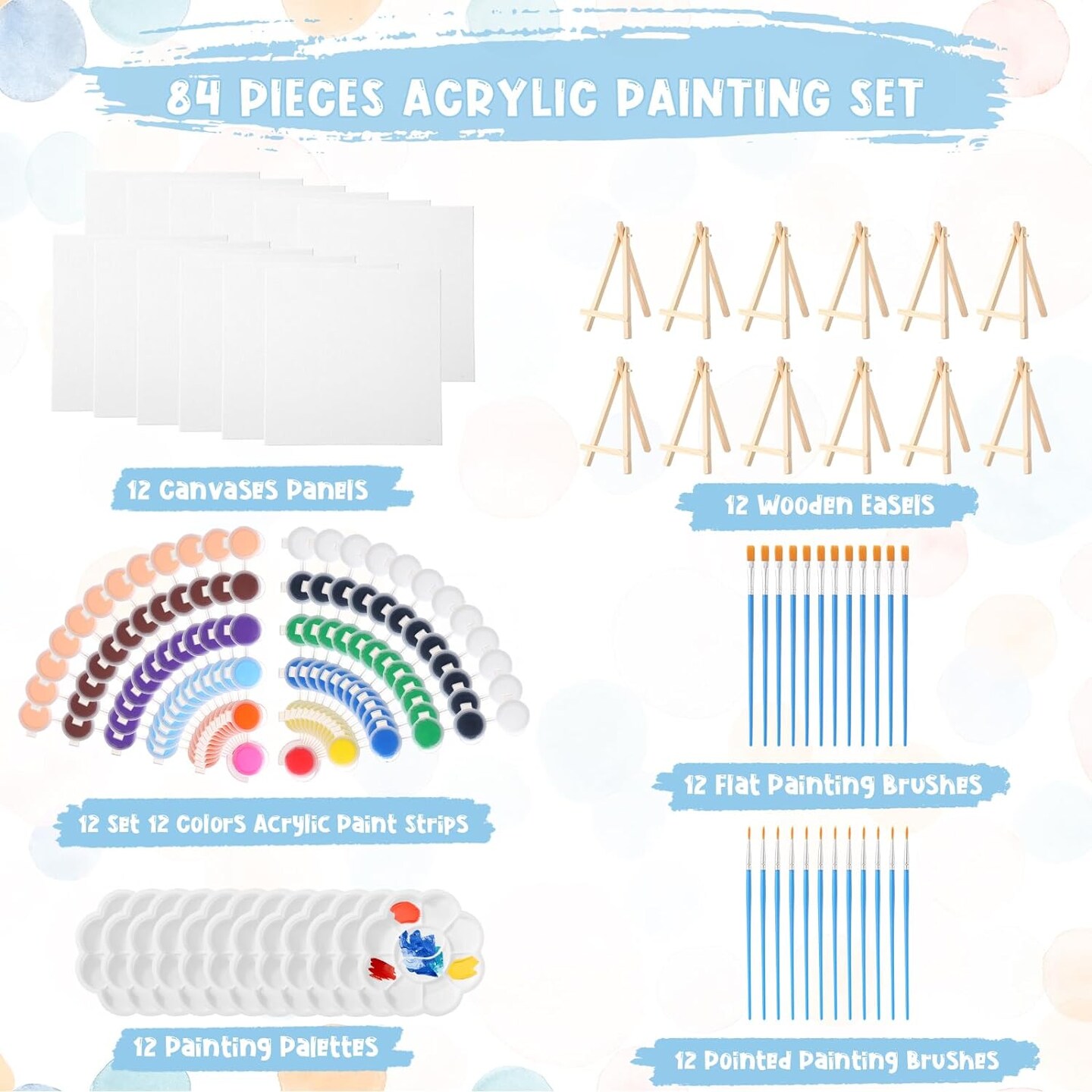 12 Set Acrylic Paint Kit Mini Stretched Canvas with Easel