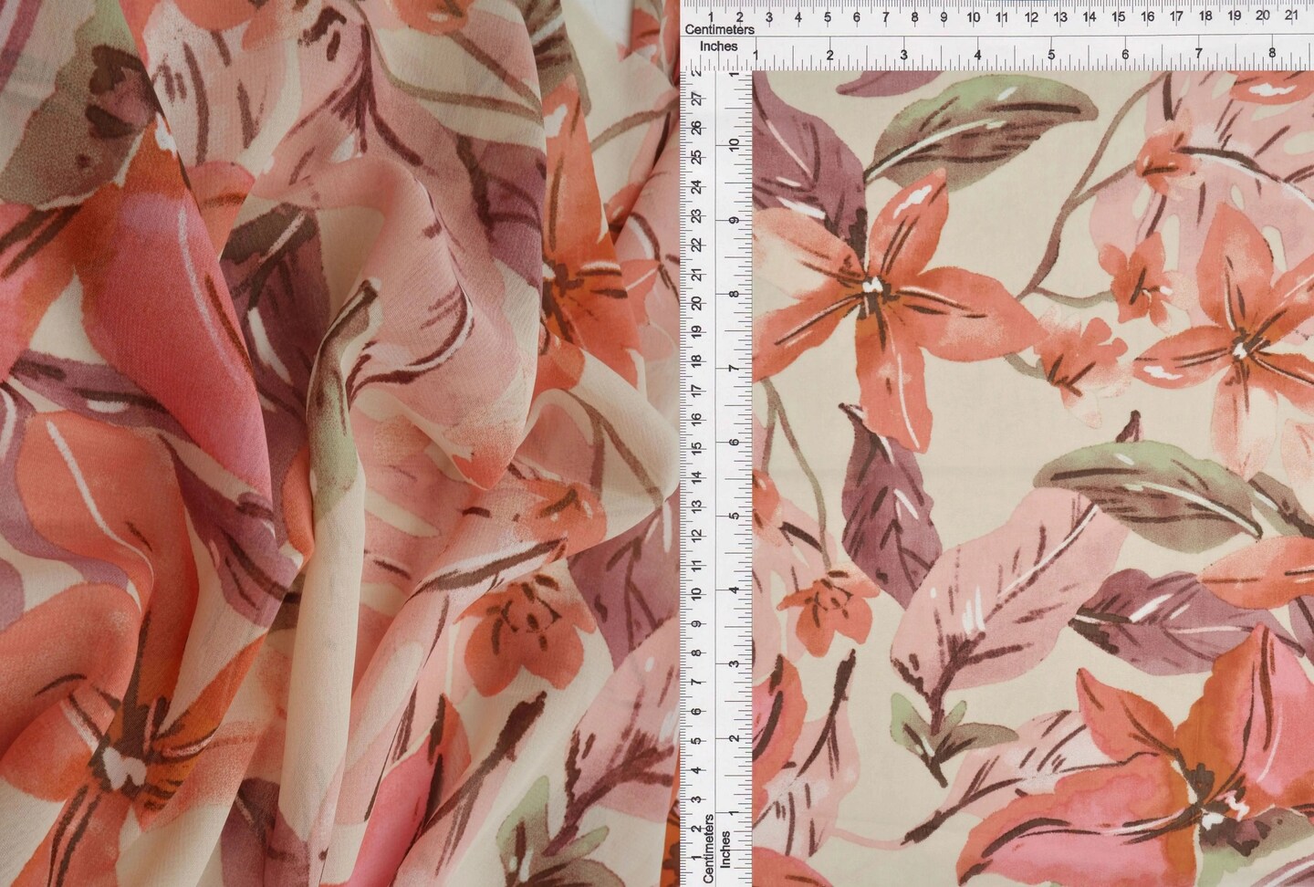 1 Yard Hi Multi Chiffon Fabric 57/58&#x2033; Wide Sand &#x26; Rust Big Floral Print