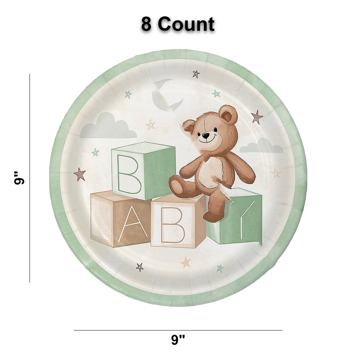 8 Ct. Teddy Bear Paper Dinner Plates with Green Trim 9" Baby Shower Party Plates