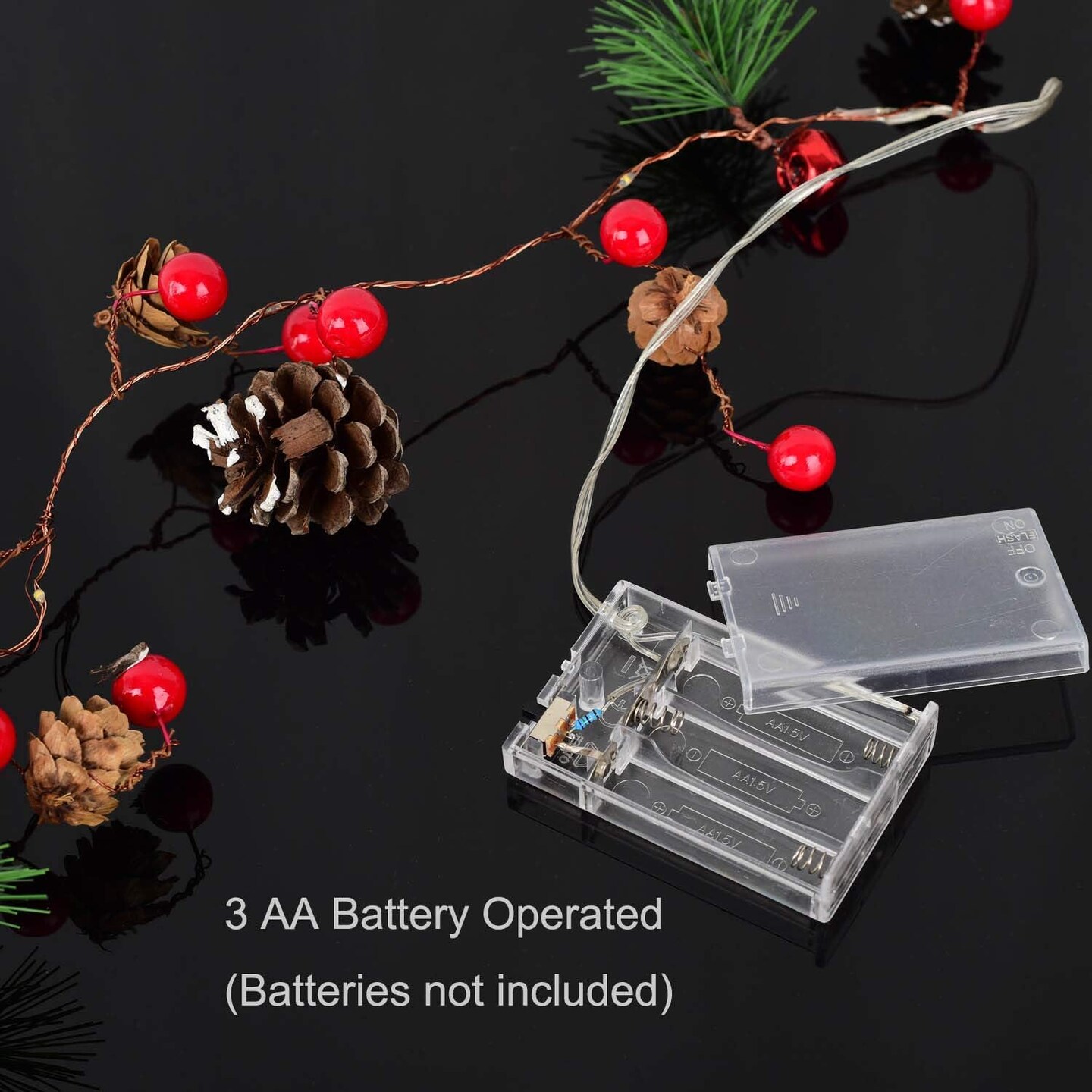 6.7FT Christmas Garland with Lights, 20 LED Red Berry Pine Cone Garland Lights Battery Operated