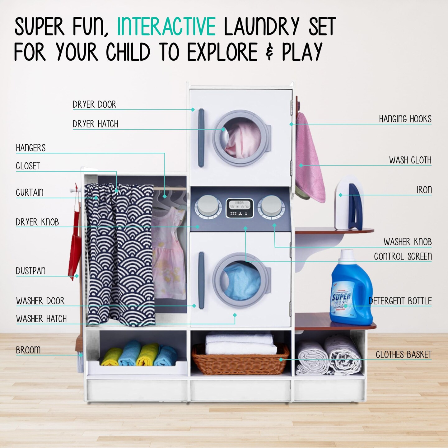 Lil' Jumbl Wooden Pretend Laundry Playset for Kids with Washer and Dryer