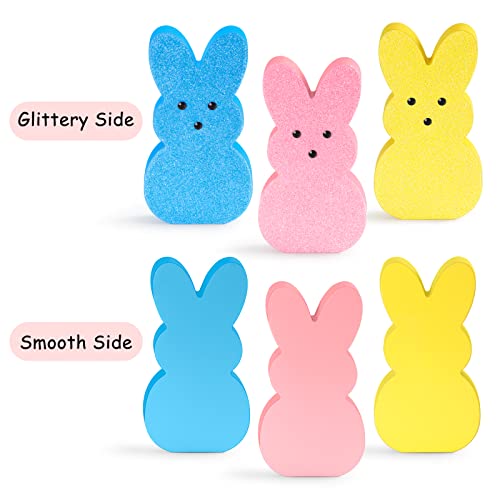 3 Pieces Glittery Easter Wooden Signs for Tiered Tray/Mantel/Table Decorations, Style of Peeps with 3D Eyes