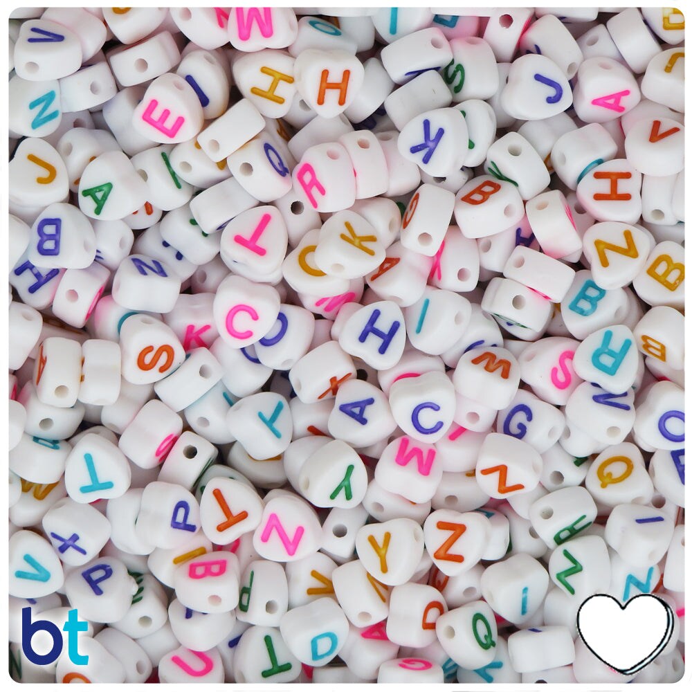 BeadTin White Opaque 7mm Heart Plastic Alpha Beads - Colored Letter Mix (250pcs)