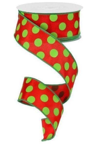 1.5&#x22; Large Polka Dot Ribbon: Red &#x26; Lime Green (10 Yards)