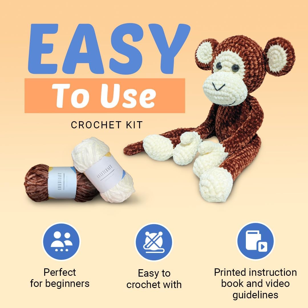 Crochet Kit for Beginners Adults, Freddy The Monkey DIY Crochet Animal Kit for Beginners, Learn to Crochet with Step-by-Step Instruction Book, Beginner Crochet Kit for Adults and Kids
