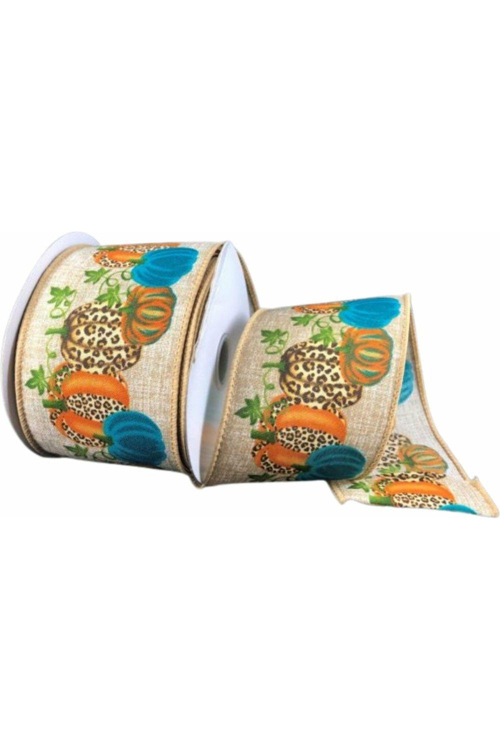 2.5&#x22; Cheetah Pumpkin Natural Ribbon: Teal (10 Yards)