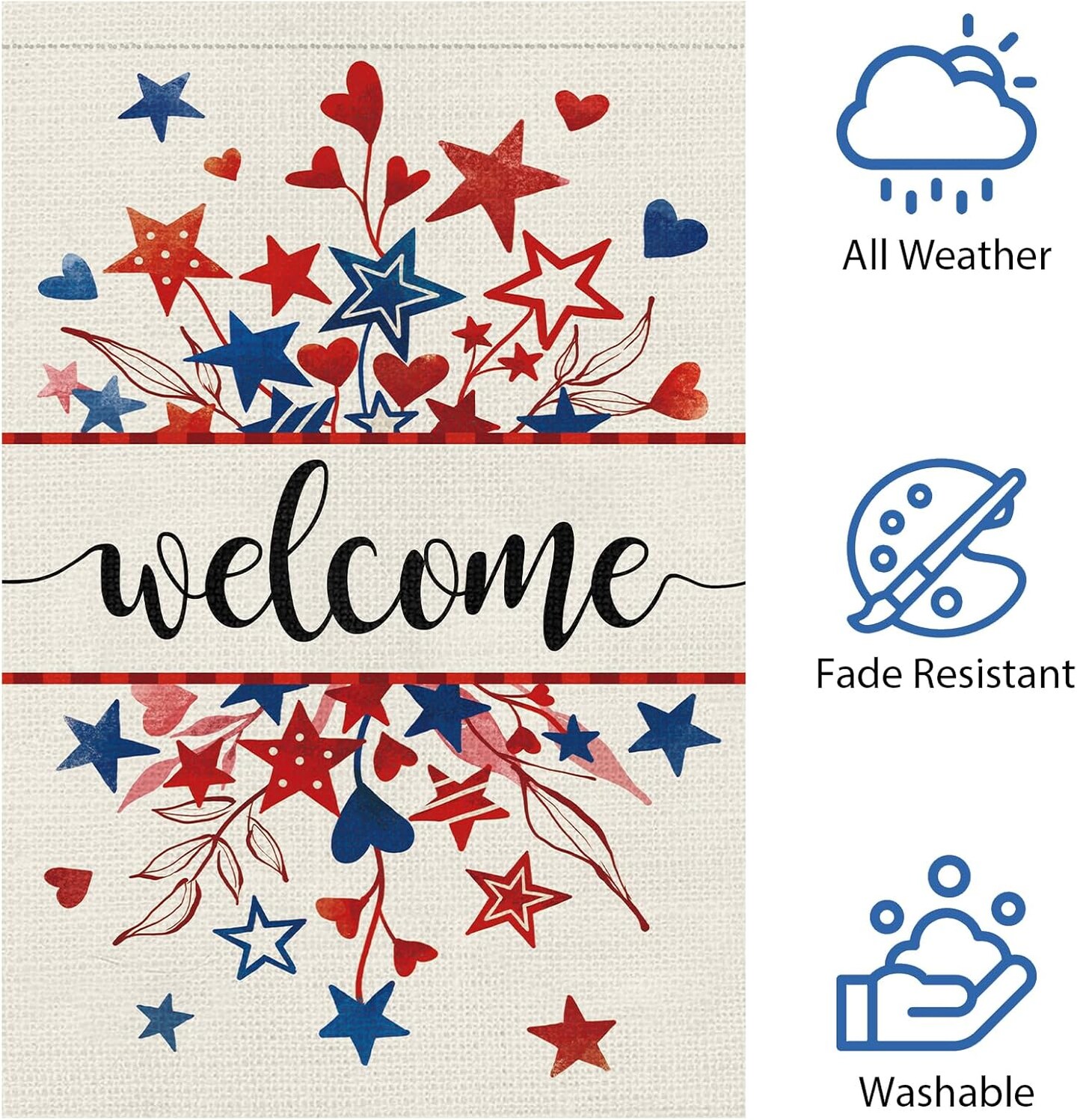 Welcome 4th of July Patriotic Garden Flag 12x18 Double Sided Burlap, Memorial Day Star Heart Pattern Yard Flags for Rustic Independence Day Outdoor Decor (ONLY FLAG)