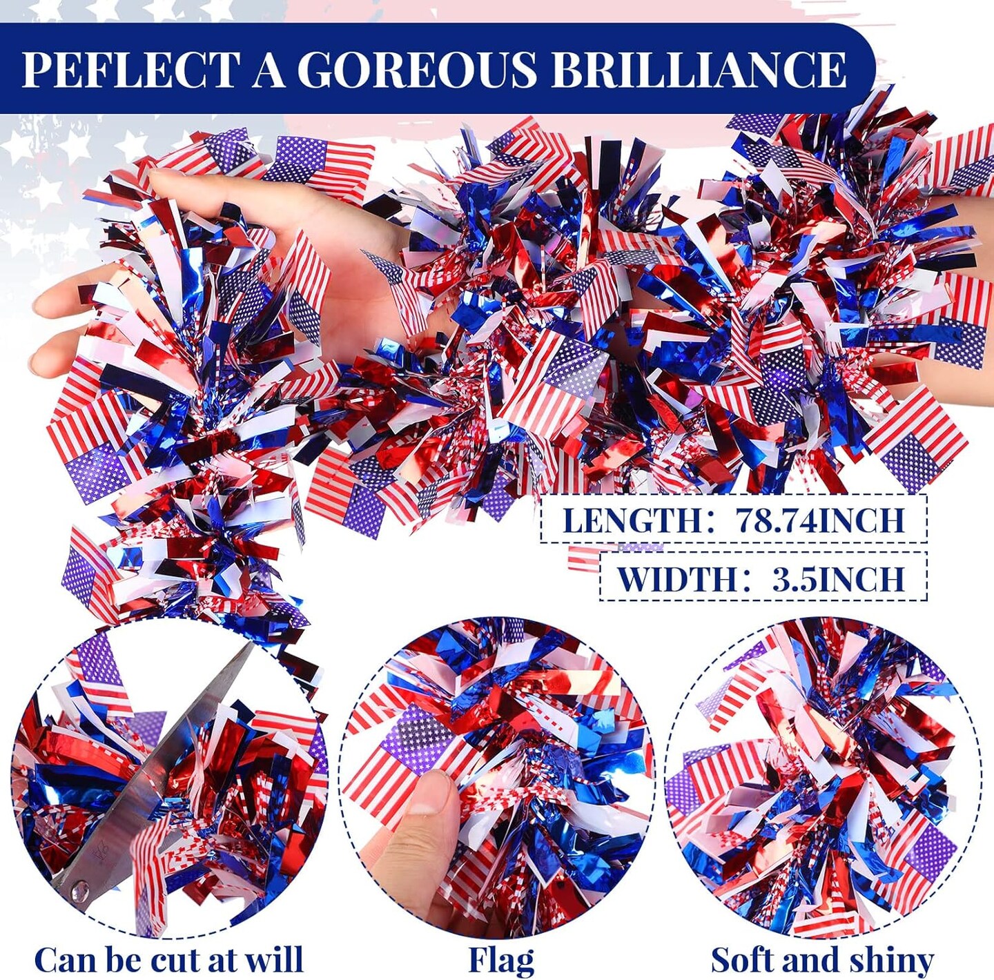 7 Pcs 4th of July Patriotic Decorations Set Burlap Banner and 78.74 Inch Tinsel Garland with Red White Blue Light American Flag Parade Golf Cart Car Shiny Tinsel for Memorial Day