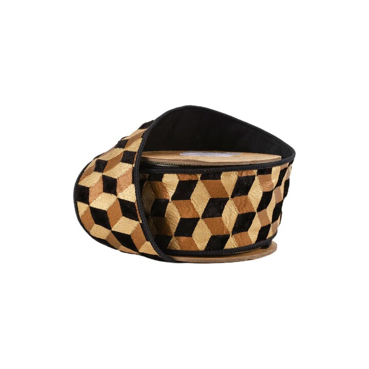 LaRibbons 4" - 2 1/2" Wired Velvet Ribbon | 3D Block Foil Print on Black | 5 Yard Roll