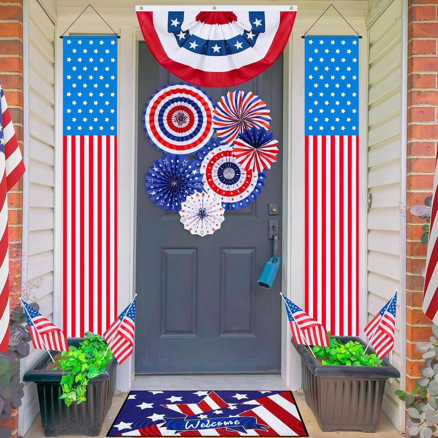 14 Pcs 4th of July Porch Sign Outdoor Decorations, 5.9&#x27; American Patriotic Hanging Paper Fans Flag Banners Mat Set Memorial Day Front Door Decoration for USA Independence Day Party Supplies