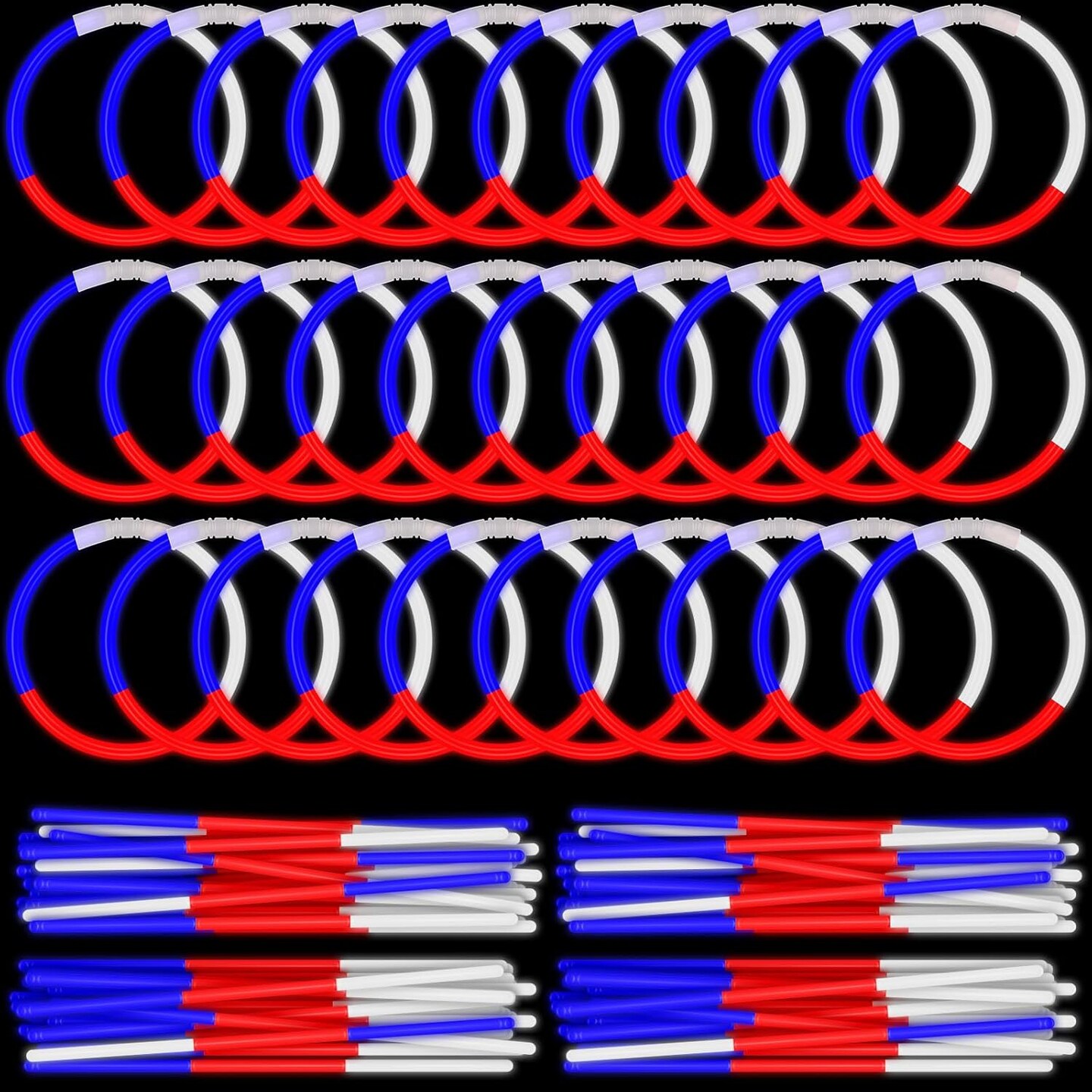 250 Pcs 8&#x27;&#x27;Red White and Blue Glow Stick Bulk 4th of July Patriotic Glow Sticks with Connectors 3 Colors in 1 Bracelets Gifts for Memorial Independence Flag Day Patriotic Party Supplies