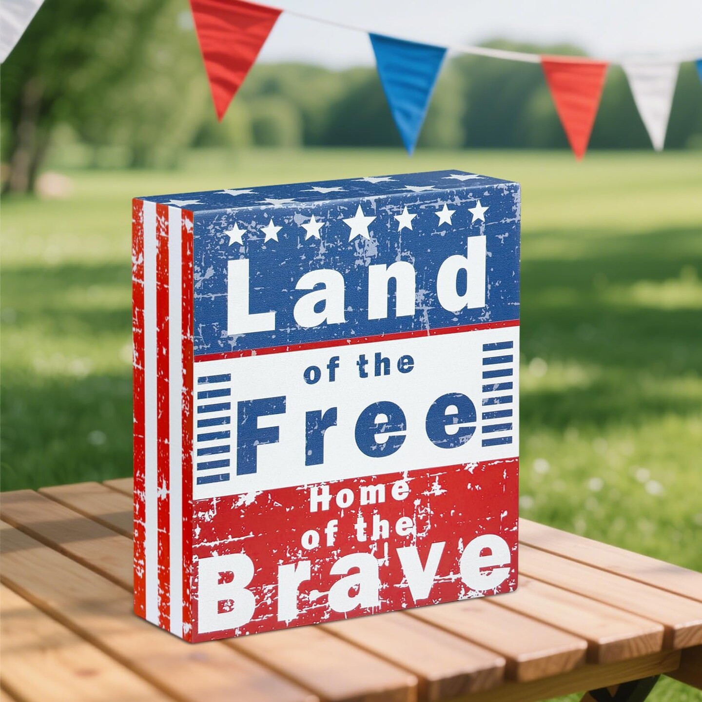 Patriotic Decorations for Home, 4th Fourth of July American Rustic Wooden Box Block Decor for Indoor Table,Red White Blue Farmhouse Gift Centerpiece Sign for Memorial Independence Veteran Day Military