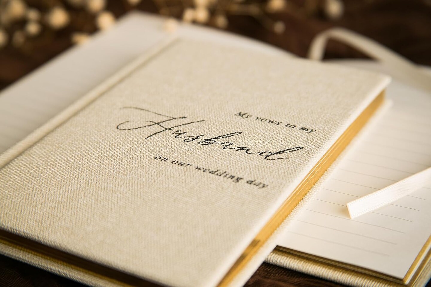 Hard Cover Vow Books (Set of 2) - Cream Canvas Linen Foil Embossed Wedding Ceremony Vow Renewal Speech Books, Couple Gifts for Engagement (To My Husband/Wife)