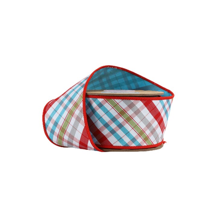 LaRibbons 4" - 2 1/2" Wired Taffeta Ribbon | Red/Turquoise/Apple Green/White Plaid Bias Cut Double-Fused w/ Turquoise Backing | 10 Yard Roll